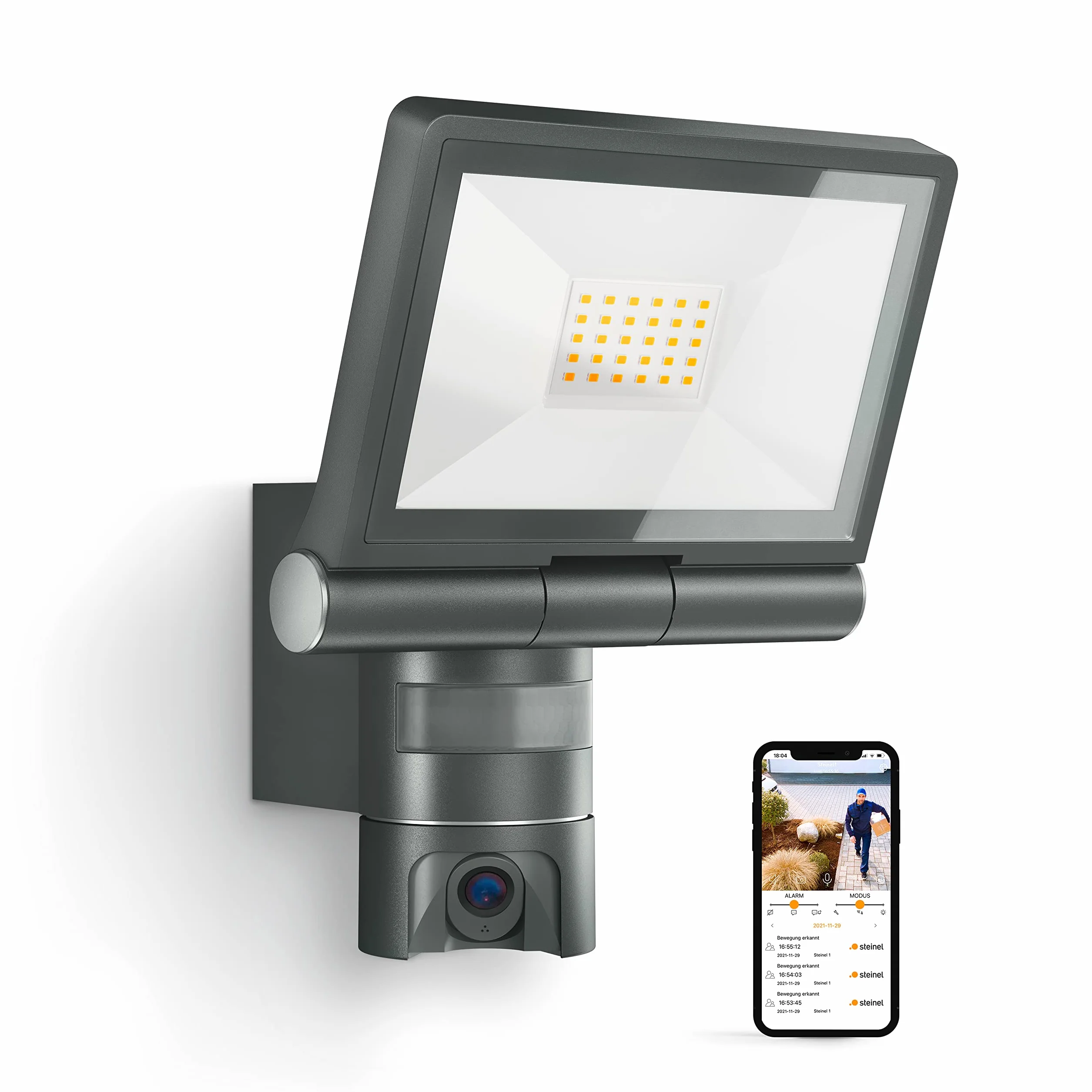 Steinel LED-Außenprojektor mit XLED CAM 1 SC Überwachungskamera, Gegensprechanlage, 180°-Infrarot-Bewegungsmelder, 21 W, Anthrazit