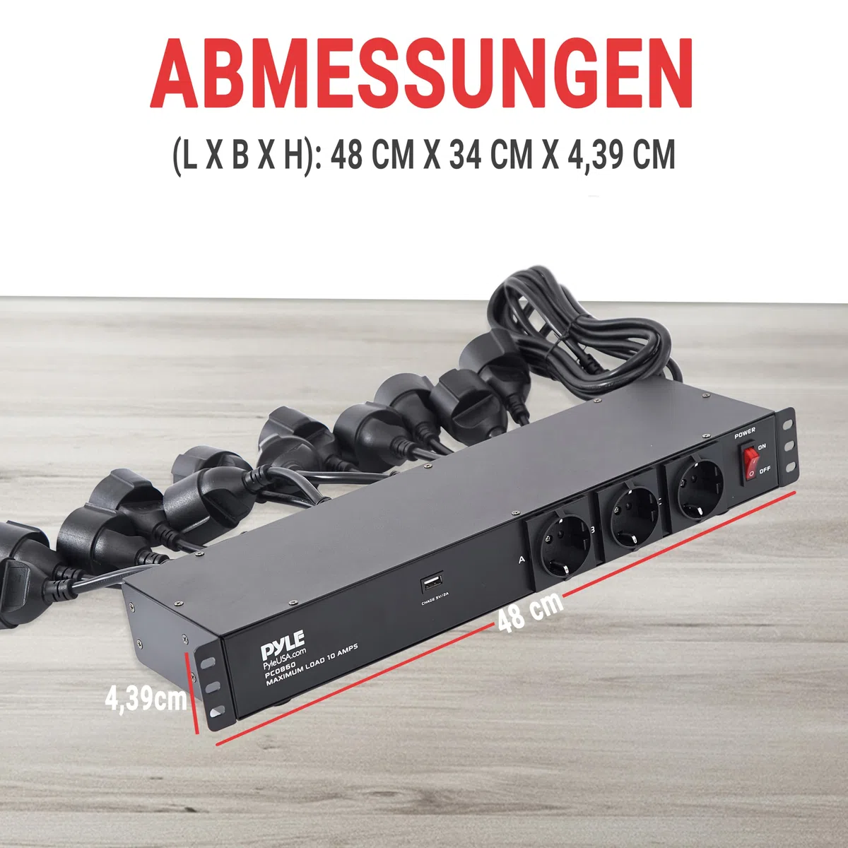 Pyle Steckdosenleiste, 15 Fach- Mehrfachsteckdose, 1U 19 Zoll Rack-Montage in Netzwerkschrank, USB Anschluss, 3,5m Kabel, Schaltbarer Verteilerleiste für Studio, Bühne, Werkstatt