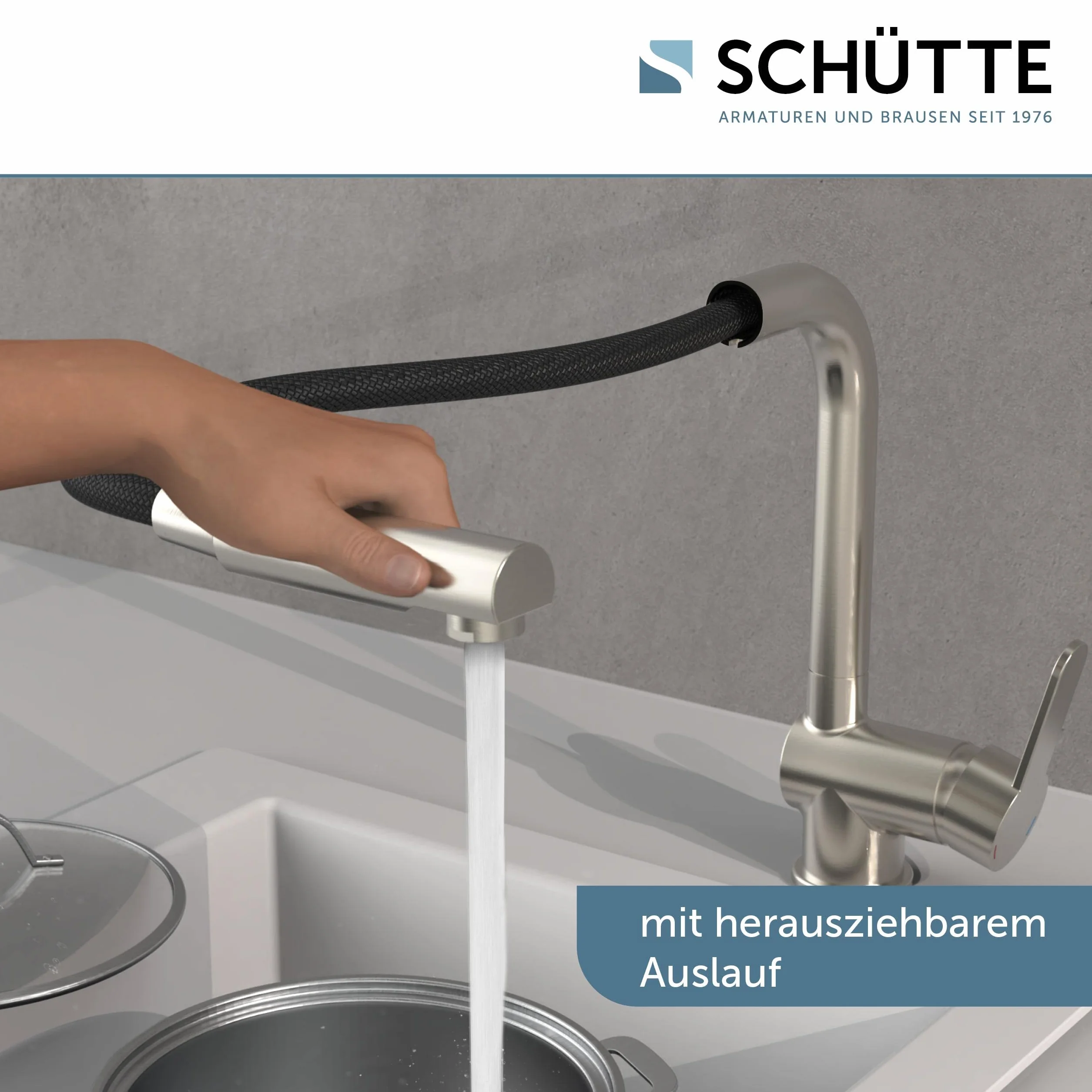 SCHÜTTE LONDON Küchenarmatur mit ausziehbarer Geschirrbrause, 360 Grad schwenkbarer Wasserhahn für die Küche, Mischbatterie mit Einhebelmischer, Spültischarmatur Edelstahloptik, Edelstahl, 29,8 cm