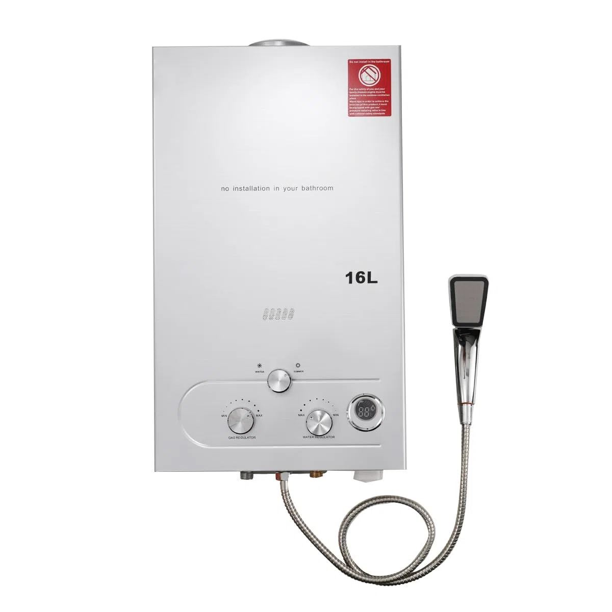 32KW 16L Tragbarer Gas Durchlauferhitzer Propangas Campingdusche für Außenbereich Bad Warmwasser Camping Warmwasserbereiter Warmwasserboiler, Silber