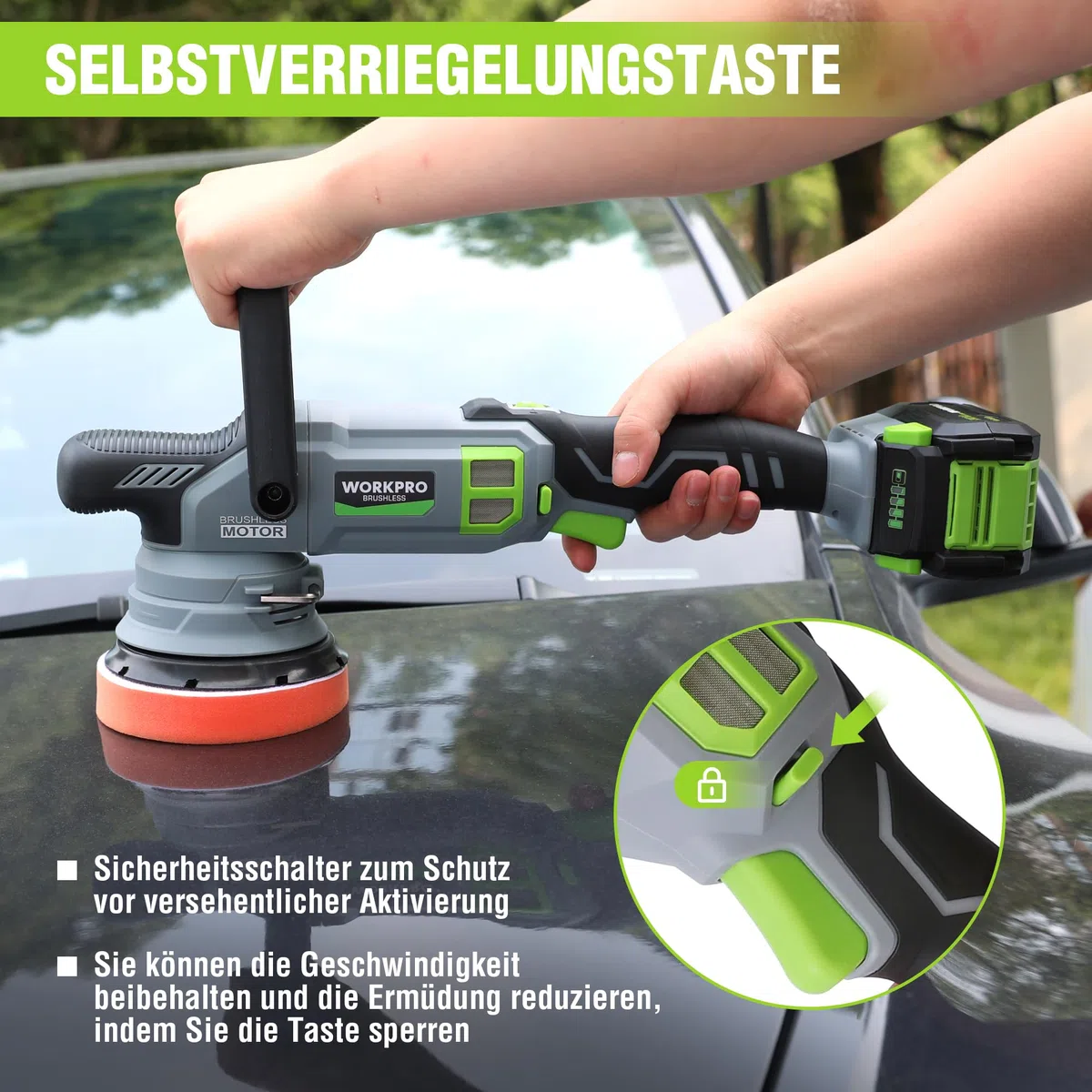 WORKPRO 20V Akku Poliermaschine, Auto Poliermaschine Polierer Kabellos mit 7 Geschwindigkeiten (2000-5000 RPM), 1 x 4,0Ah Batterie, Doppelter Wirkung, Mit Aufbewahrungstasche, Für Auto, Böden, Fliesen