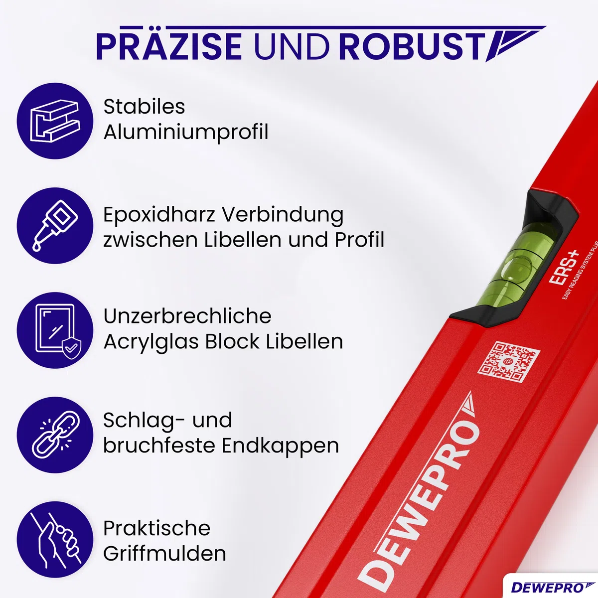 DEWEPRO Profi Wasserwaage Aluminium Rot 200 cm - Messgenauigkeit 0,5 mm/m | Robuste Alu-Wasserwaage mit 2 Blocklibellen, 49 x 22 mm Profil und schlagfesten Endkappen für exaktes Ausrichten.