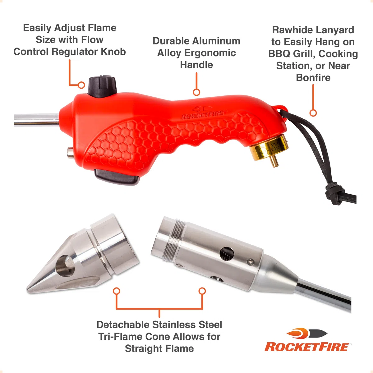ROCKETFIRE Feuerstarter-Fackel, perfekter Propangas-Fackelkopf, Grillpistole, Kohlebrenner, kompatibel mit Bernzomatic Propan und MAP/PRO Kraftstoffen, dreiflammige Edelstahlspitze, Kraftstoff nicht