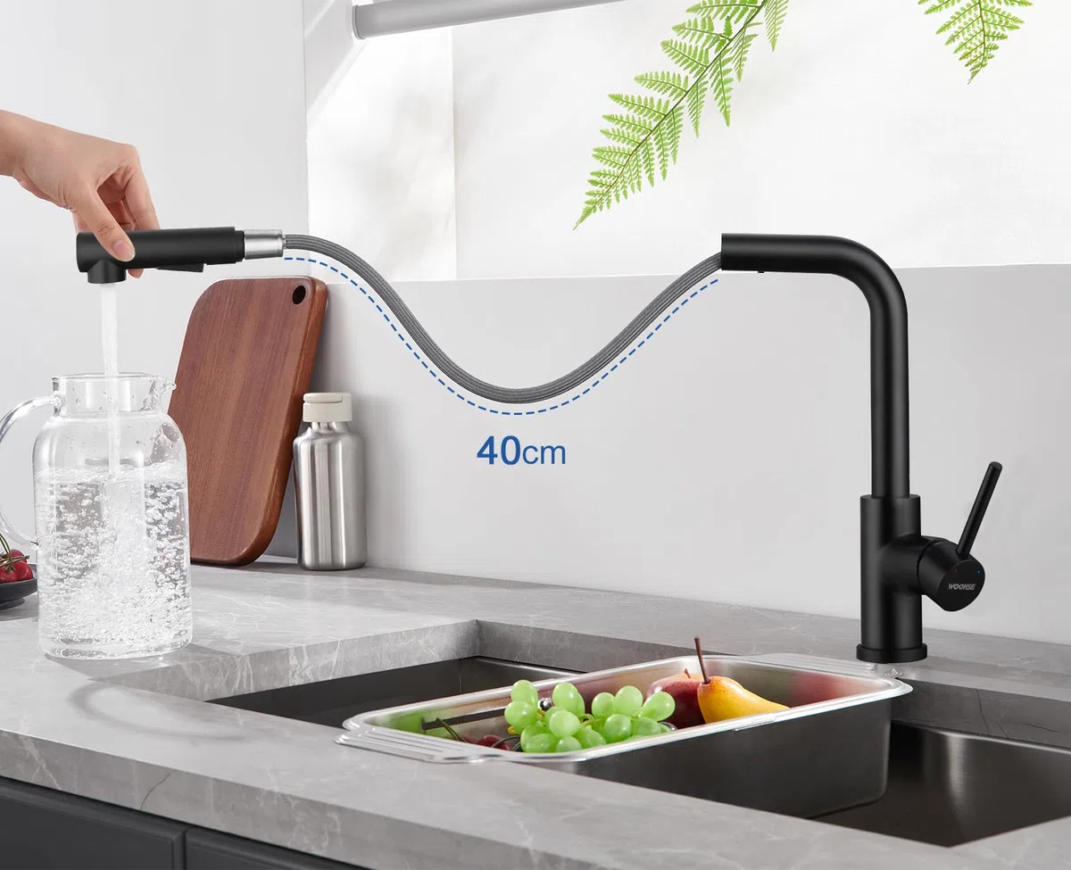 Niederdruck Armatur Küche Ausziehbar, WOOHSE Wasserhahn Küche Schwarz mit Brause 2 Strahl, 360° Drehbar Küchenarmatur Niederdruck Wasserhahn mit 3 Anschlüsse für Boiler, Spültischarmatur aus Edelstahl