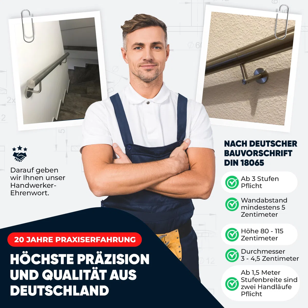 Handlauf Edelstahl Ø 42,4 mm, Markenhandläufe, für Außen- & Innenbereich, Wandhandlauf Brüstung Geländer, 4 verschiedene Varianten
