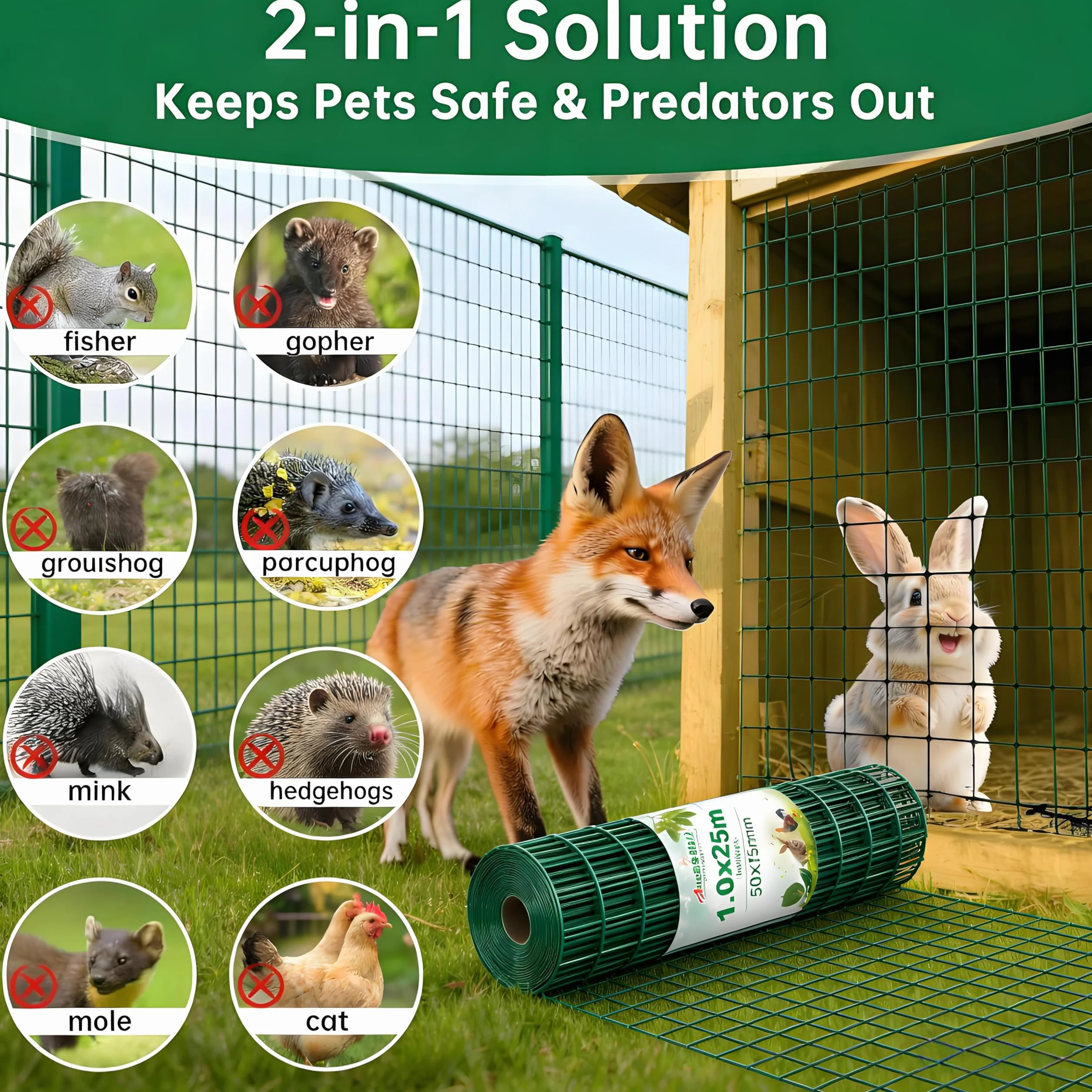 Amagabeli 1.14M x 10M Drahtzaun Grün | Gartenzaun aus Stahl mit PVC-Beschichtung | Maschendraht 50x75 mm | Sichtschutz, Hundegitter, Geflügelzaun, Kaninchendraht, Wildschutz