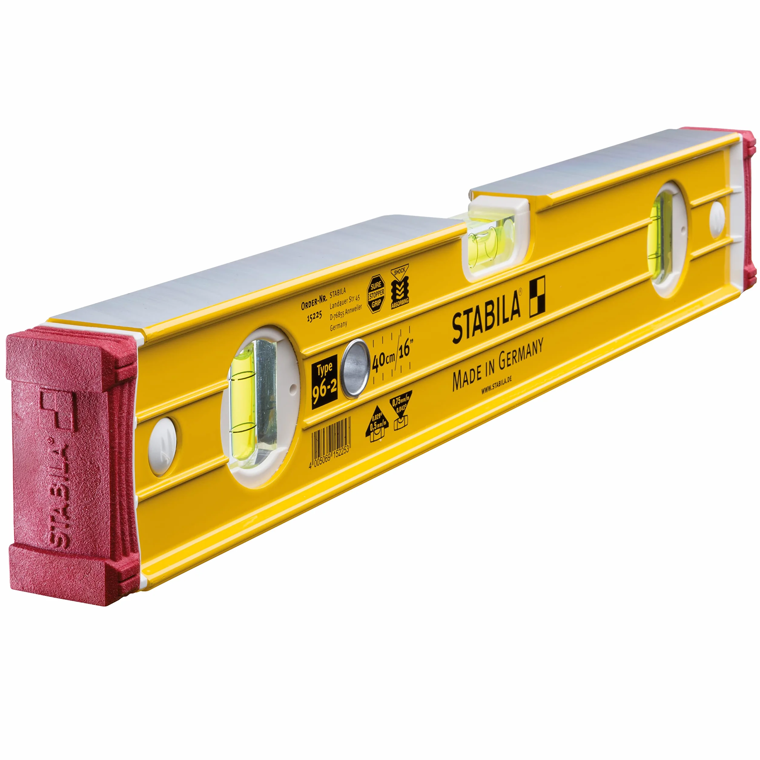 STABILA Wasserwaage Type 96-2, 40 cm, extrasteifes Alu-Profil, 1 Horizontal-Libelle, 2 Vertikal-Libellen, stoßdämpfende Endkappen, integrierte Rutsch-Stopper, Made in Germany, Gelb
