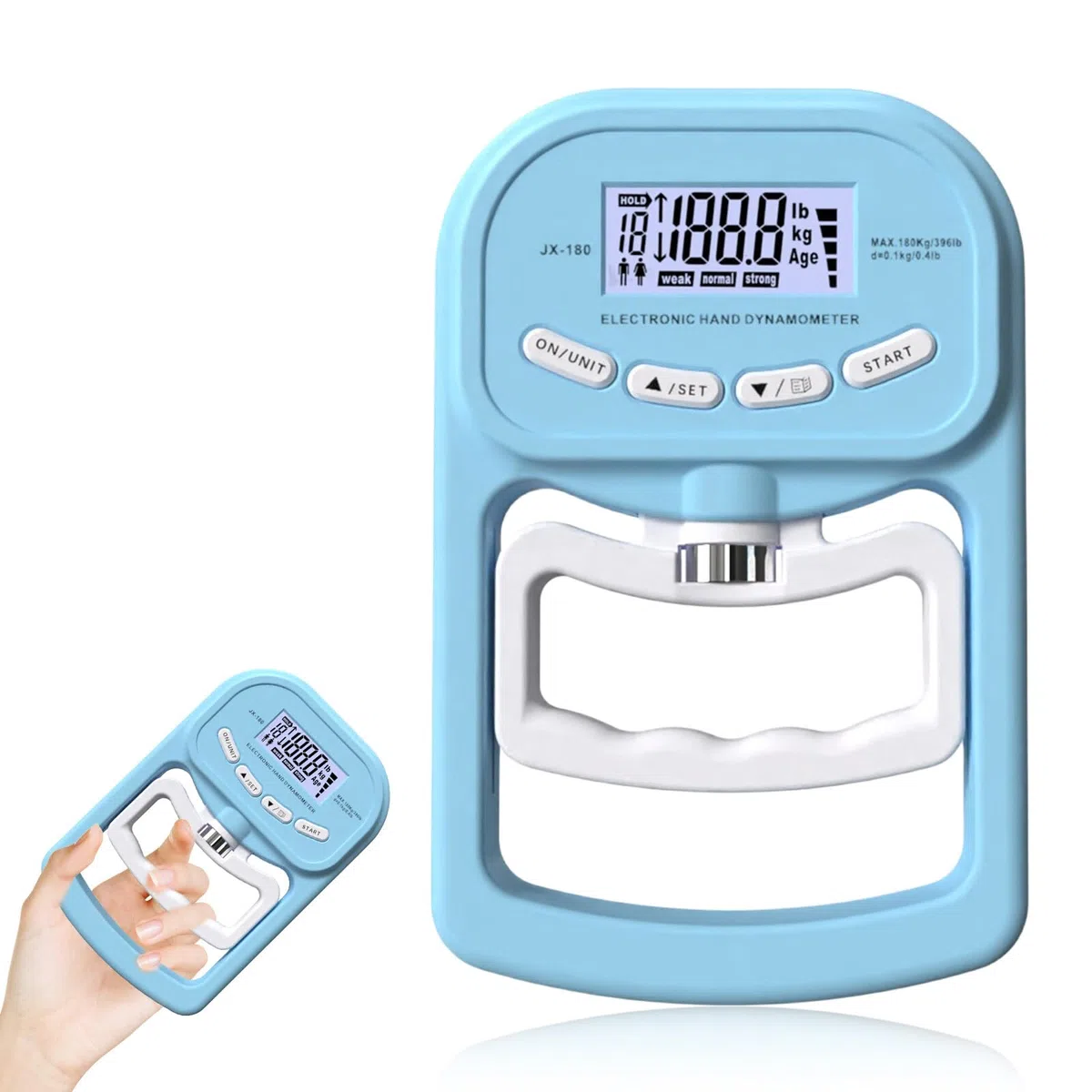 Digitaler Handkraftmessgerät Hand Dynamometer: 396lb/180Kg Elektronische Griffkraft Messgerät, LED Display Grip Strength Trainer mit USB-Ladekabel, Intelligent und Einfühlsam