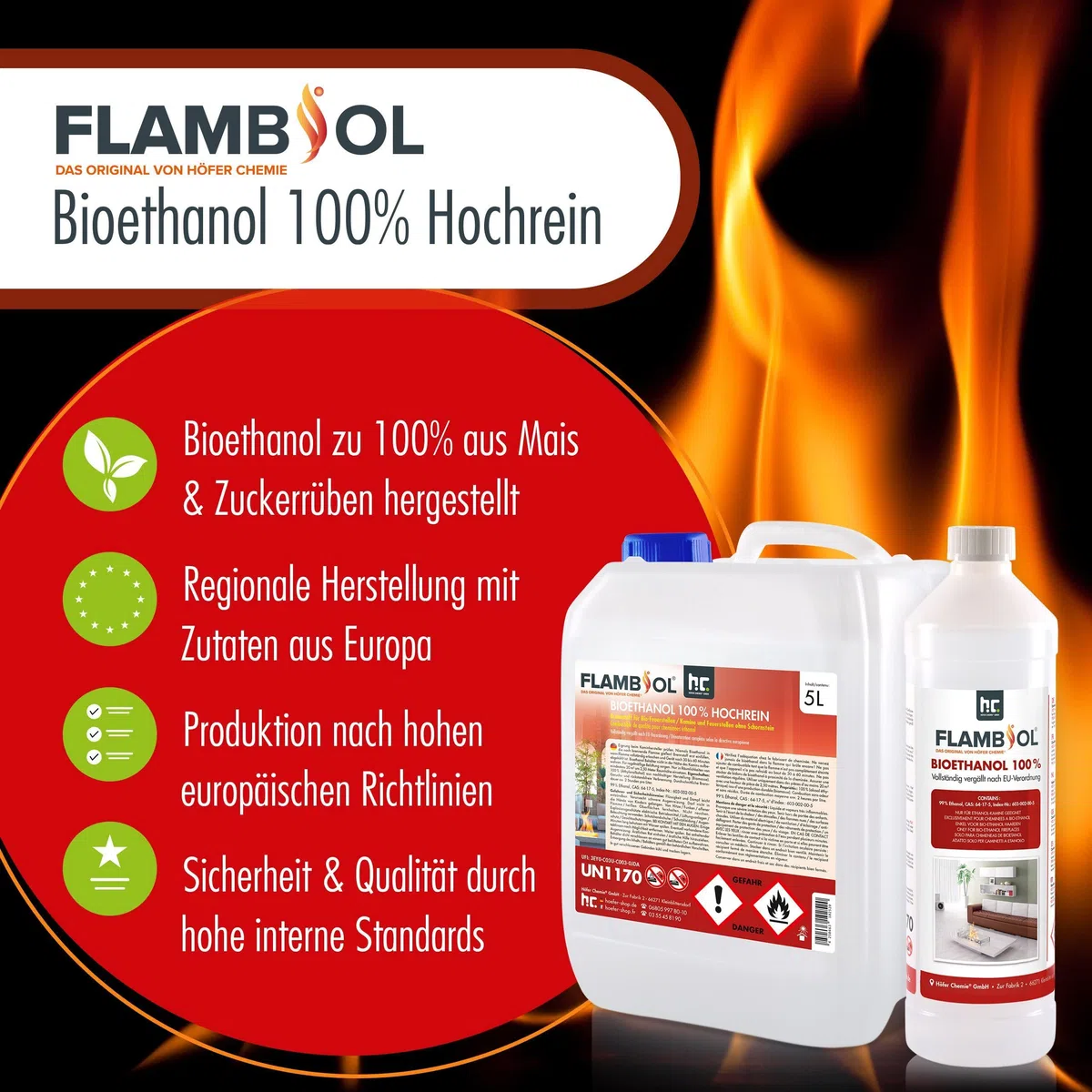 Höfer Chemie 10 L FLAMBIOL® Bioethanol 100% Hochrein für Ethanol Kamin, Ethanol Feuerstelle, Tischfeuer und Bioethanol Kamin
