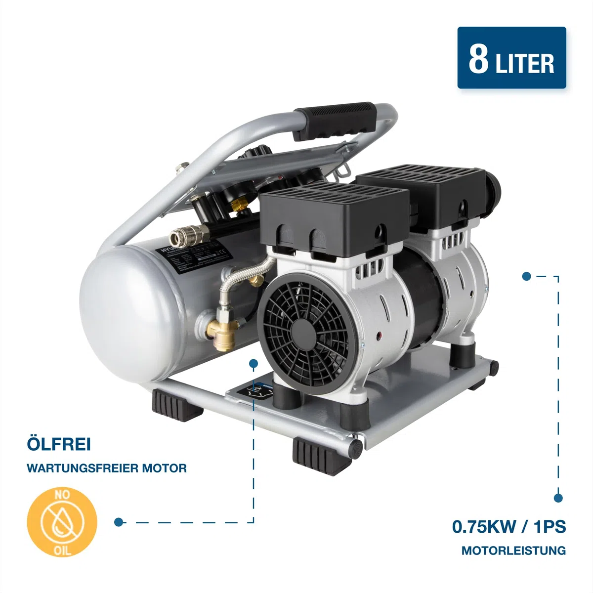 HYUNDAI Silent Kompressor SAC75008 | 8L Kessel | 0.75kW, 9bar | Ansaugleistung 128 L/Min | Luftkompressor leise, ölfrei | 2 Anschlüsse | Flüsterkompressor, Compressor flüsterleise