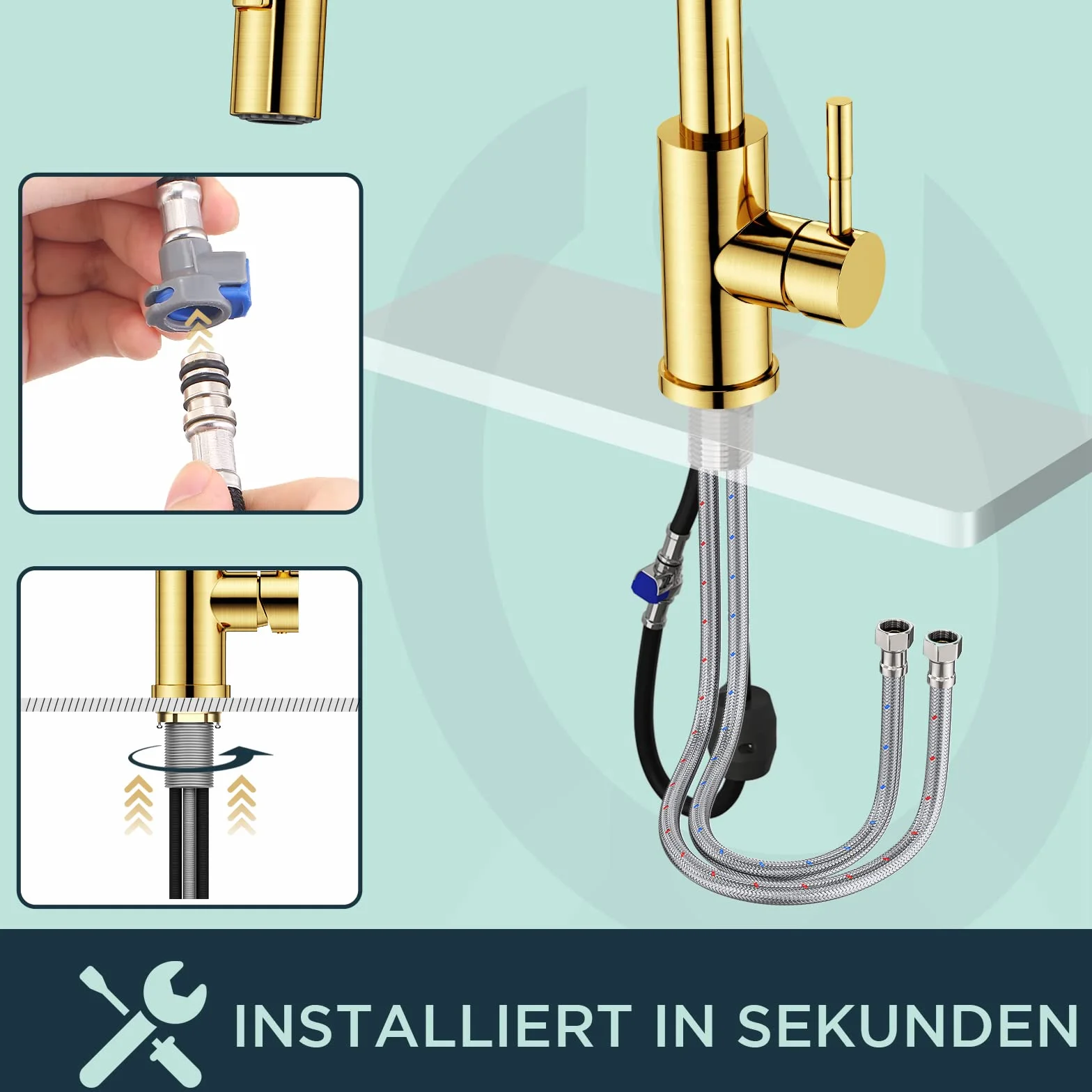 FORIOUS Wasserhahn Küche, Hoher Bogen Küchenarmatur mit Herausziehbarer Brause Ausziehbar Armatur, Mischbatterie Spültischarmatur Küche Küchenarmaturen, 360° Schwenkbar, Gebürstetes Gold