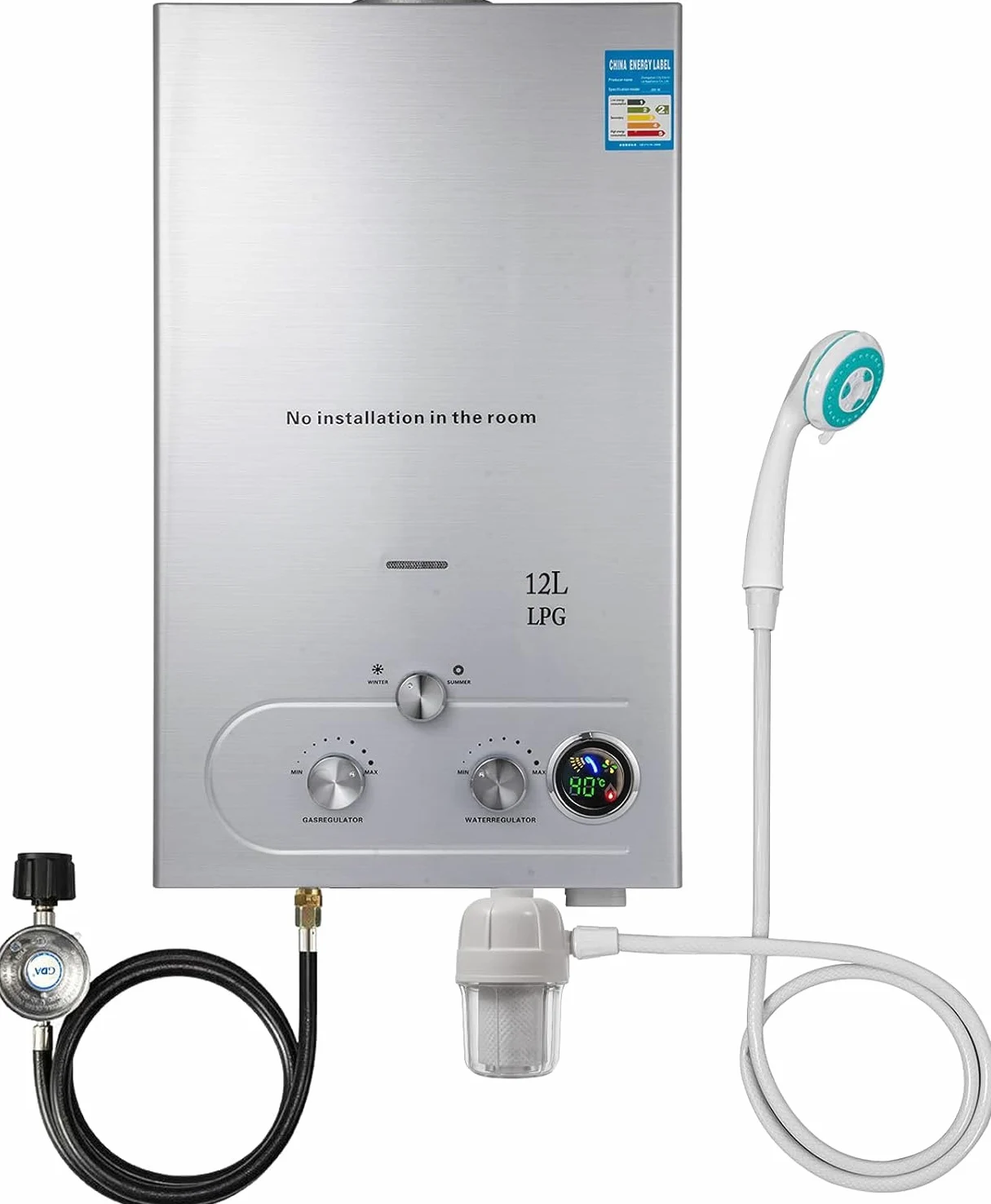 12 l LPG-Gas-Durchlauferhitzer mit Winter- und Sommermodus, 24 kW, an der Wand montiert, ohne Tank, automatischer Durchlauferhitzer mit Kupferkern und LED-Display
