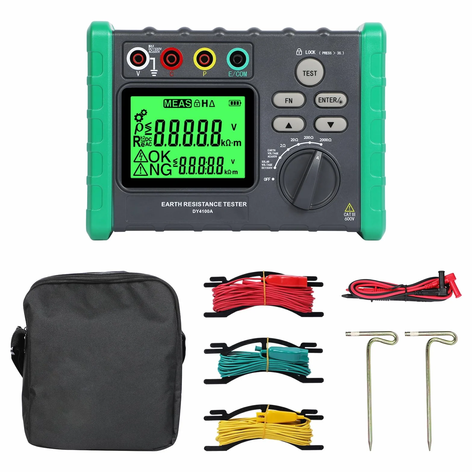 DY4100A Erdungsmessgerät Erdungswiderstandsprüfer, Digitaler Erdungswiderstand 0~2000Ω Ohm Real Megohmmeter, Automatische Messung 0~600V Erdungswiderstandsmessgerät 1500V Solarspannungsmessung