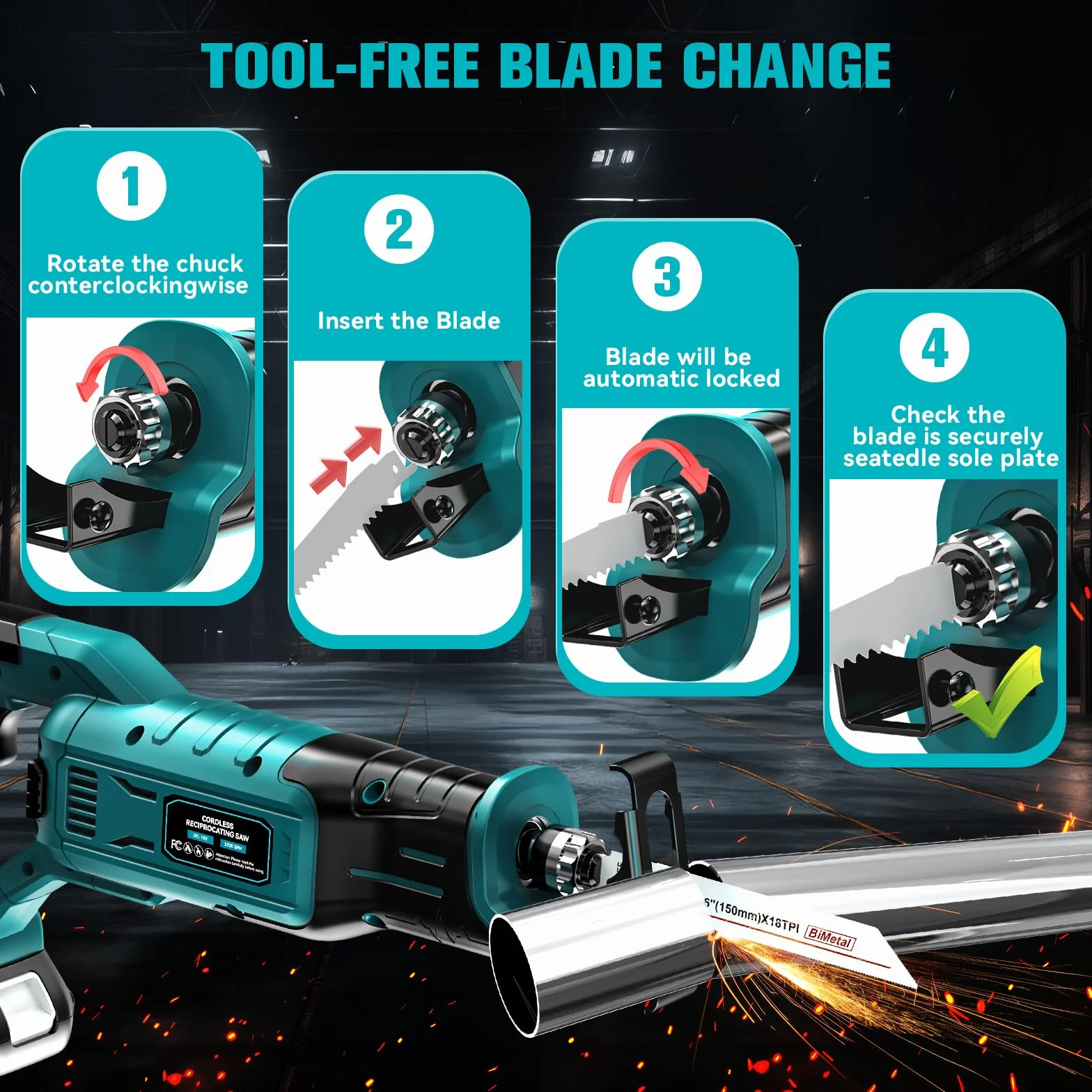 LIVOWALNY Akku Säbelsäge Kompatibel mit Makita 18V (Ohne Akku) - Reciprosäge Bürstenlos Motor 3200 SPM, 3 variable Geschwindigkeiten mit 4 Sägeblätter für Metall/Holz/PVC (Blau)