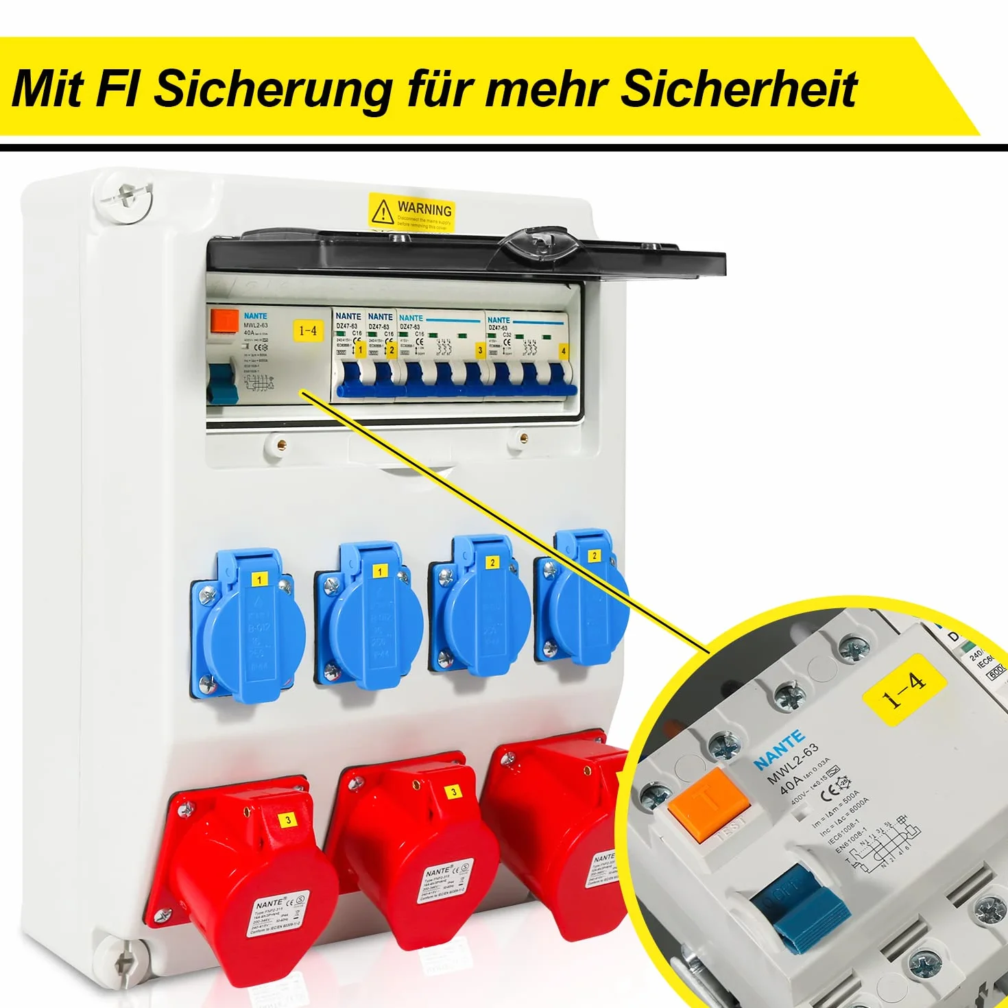 Gimisgu Wandverteiler mit Leitungsschutzschalter und FI,5 Polig Baustromverteiler mit 4xSchuko-Steckdose und CEE-Steckdose 16/32A Stromverteiler für Innen und Außen