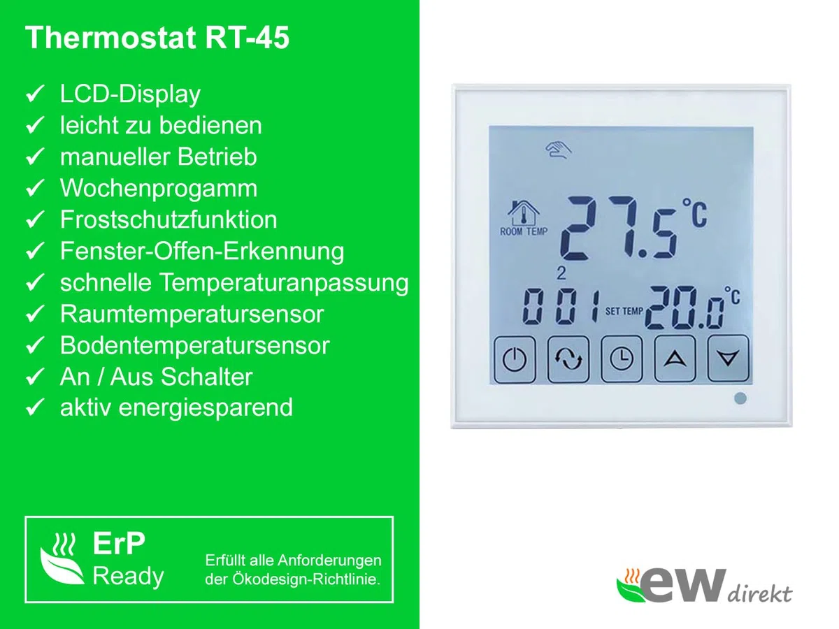 elektrische Fußbodenheizung AluPro 140 für Laminat/Klickvinyl mit Thermostat RT-45 (8 m² - 0,5 x 16 m)