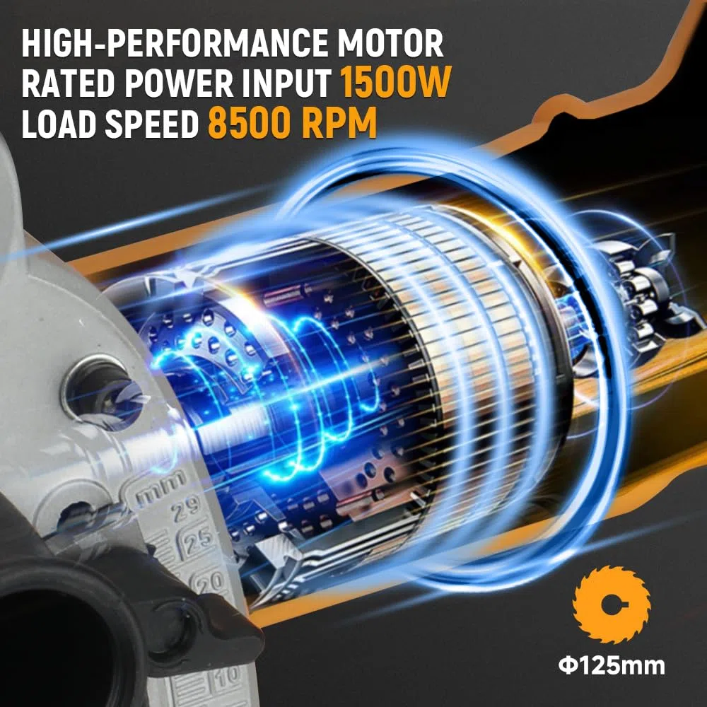 Hoteche 125mm 1500W Grabenfräse | Kupferdrahtmotor, Weichstart, 8500RPM, Mit 2 Diamant - Scheiben, in Farbschachtel