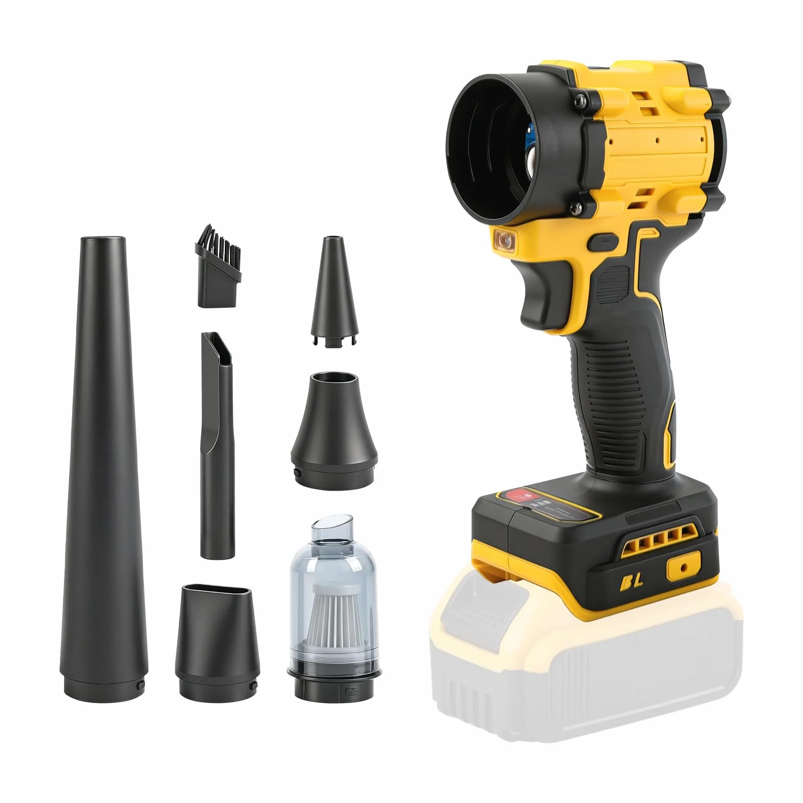 Kabelloser Staubsauger-Bläser für Dewalt 18/20V, 2 in 1 Handstaubsauger bürstenloser Laubbläser 85000 U/min mit einstellbarer Geschwindigkeit und 5 Düsen für Auto, Haus, Büro, Küche (kein Akku) (Gelb