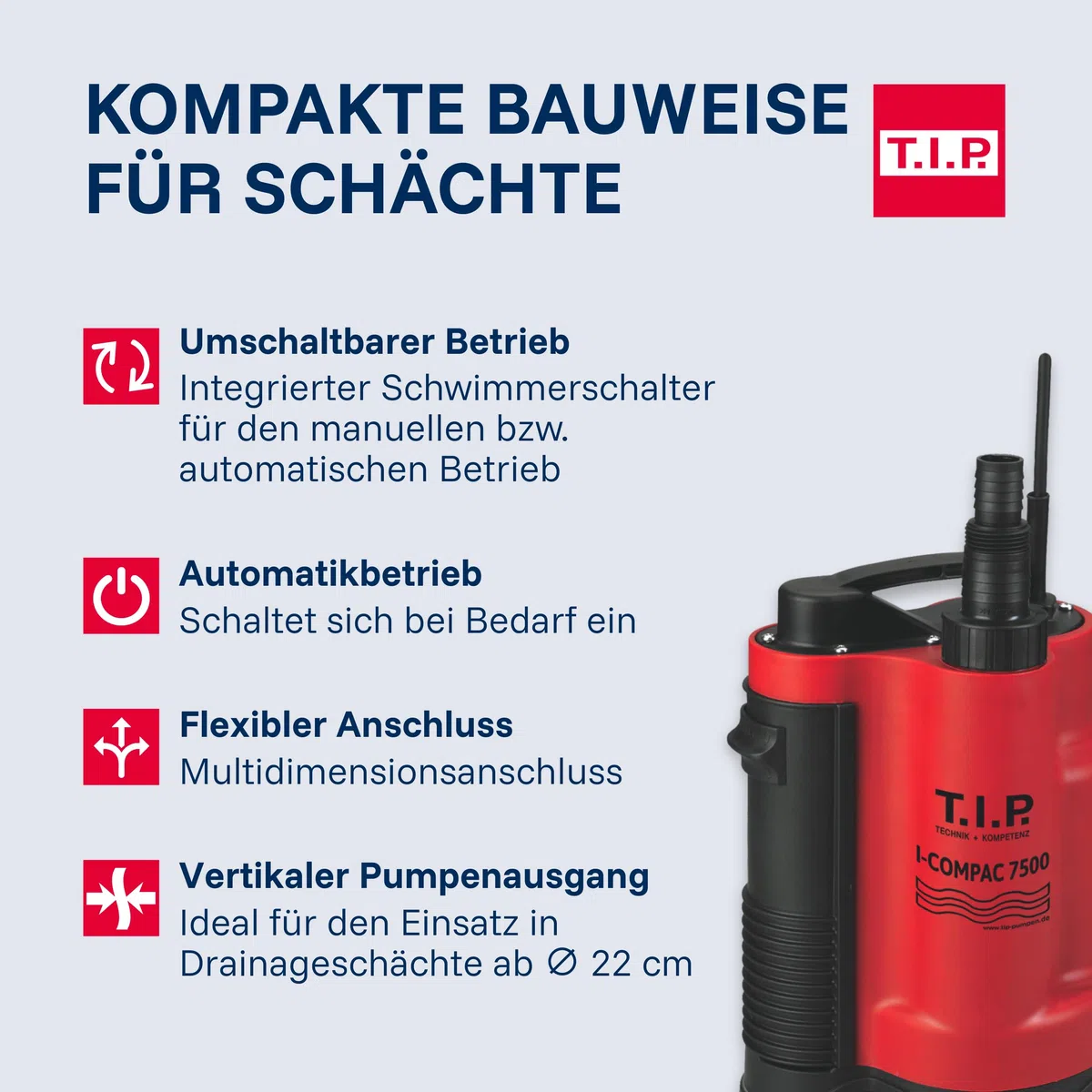 T.I.P. I-Compac 7500 Schmutzwasser Drainage-Tauchpumpe (bis 7.500 l/h Fördermenge, Förderhöhe max. / Druck max. 5 m / 0,5 bar, 400 Watt, für enge Schächte ab 22x22 cm, vertikaler Pumpenausgang) 30190