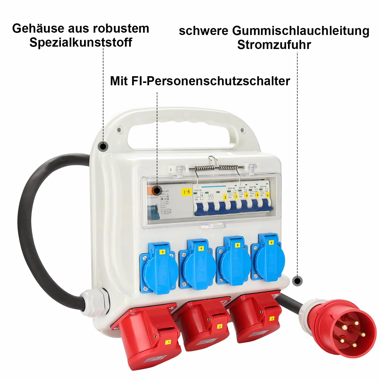 Baustromverteiler 2xCEE 400V/16A 5-polig, 1xCEE 400V/32A 5-polig, 4x230V(Schuko) 2-polig, Wandverteiler Für Baustelle, IP44 wasserdicht, mit FI-Schutzschalter