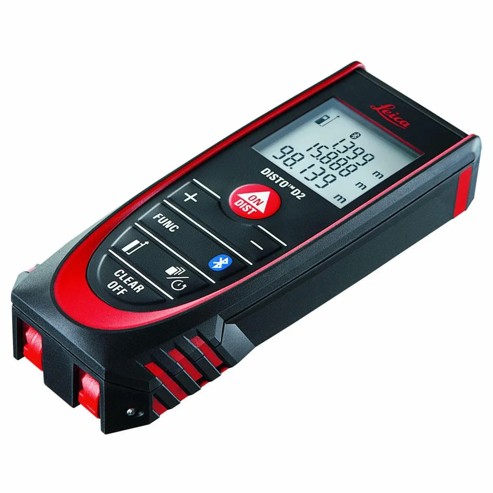 Leica DISTO D2 – funktioneller Laser Entfernungsmesser mit Bluetooth (App-Nutzung) für Distanz-, Flächen- und Volumenmessungen (Innenbereich & automatische Endstückerkennung)