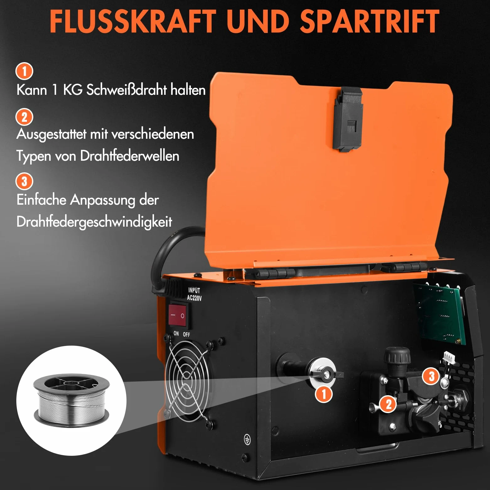 3-In-1 Fülldraht Schweißgerät MIG Schweißgerät mit ARC/Flux MIG/MMA Lift WIG, Fülldrahtschweißen 0,8 mm&1 mm, mit Synergischem Drahtvorschub, IGBT Inverter Schweissgerät LED-Anzeige