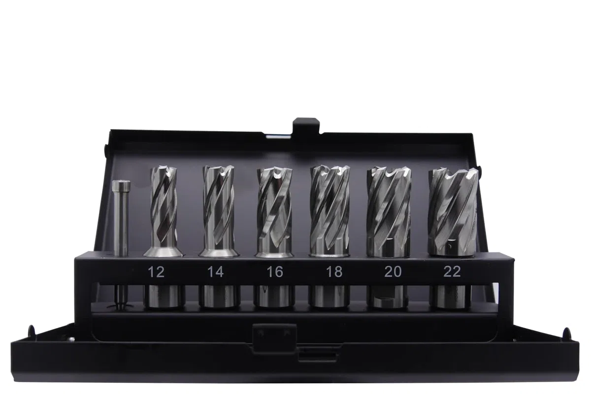 SMI HSS-E Kernbohrer SET 7 teilig 19 Weldon bestehend aus Kernbohrer 12, 14, 16, 18, 20, 22 und Zentrierbohrer Schnittiefe 30 mm