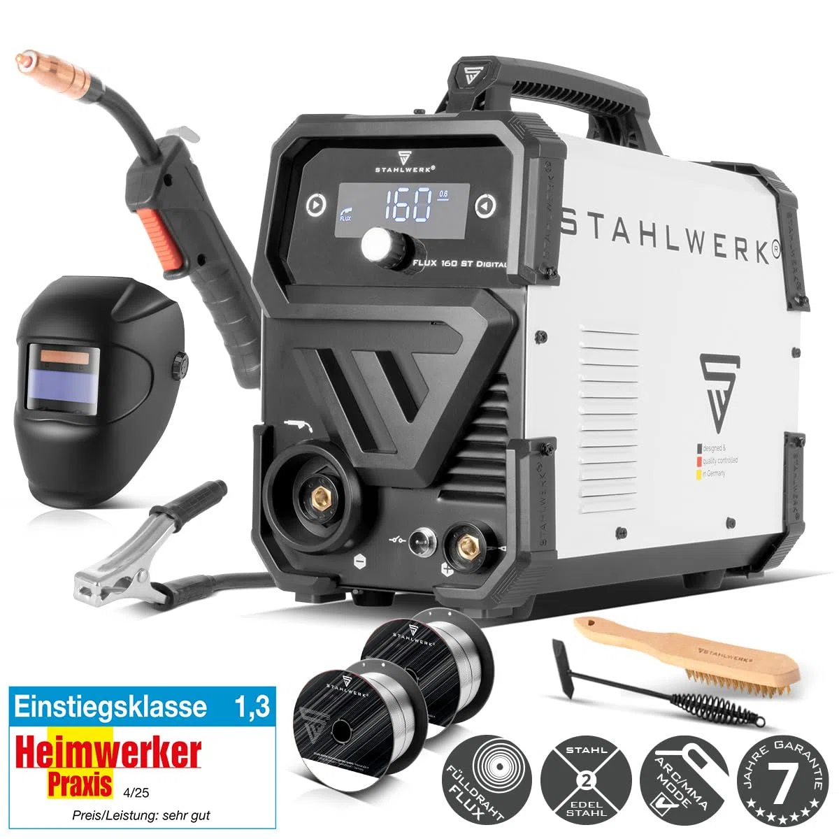 STAHLWERK Schweißgerät FLUX 160 ST Digital – Vollausstattung – 3-in-1 Kombi mit 160 A, Fülldrahtschweißen ohne Schutzgas, MMA (E-Hand/ARC), Lift-TIG (DC), synergischer Drahtvorschub, LED-Licht