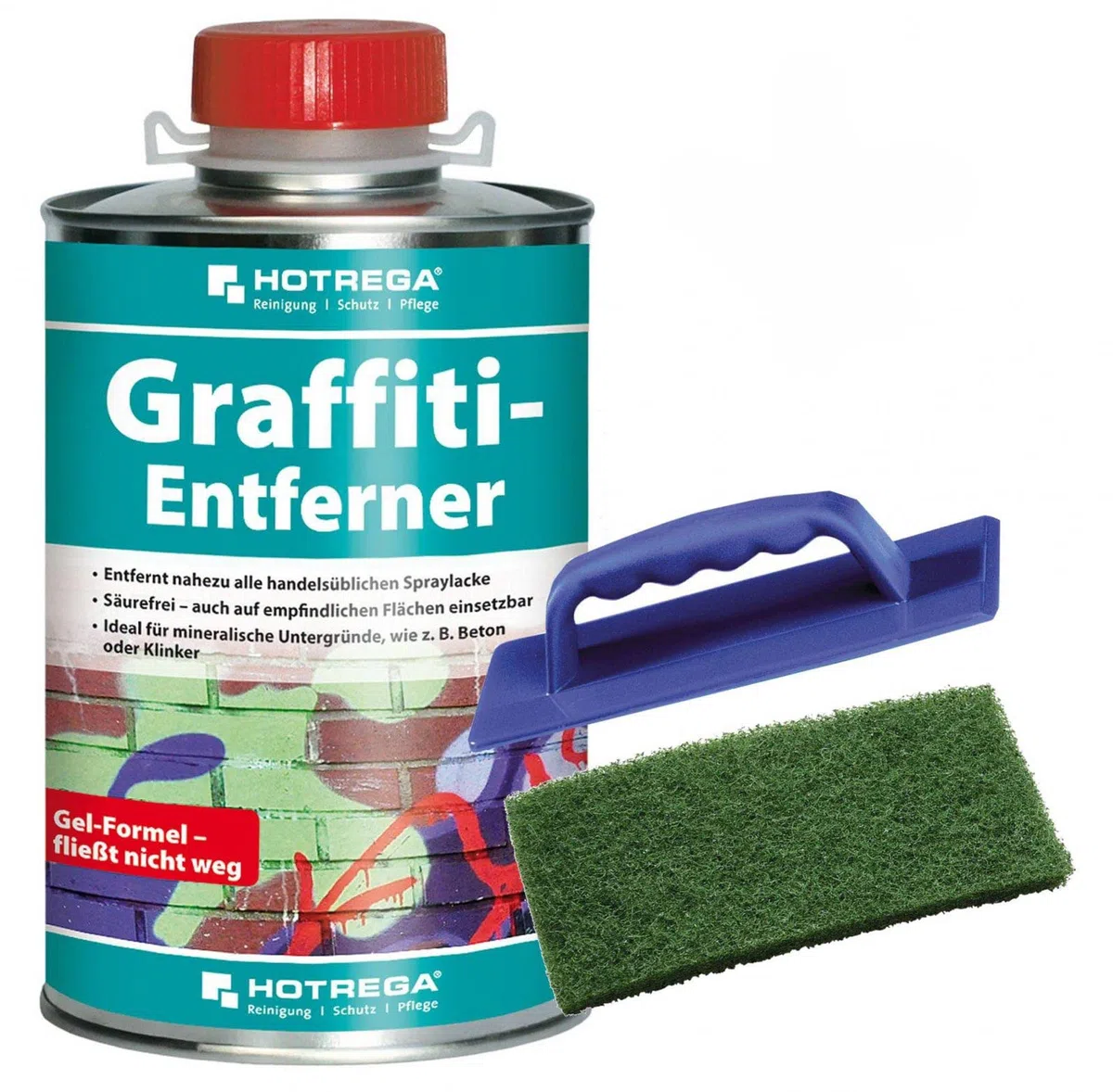 HOTREGA Graffiti Entferner 1 Liter | Säurefreies Spezialgel | Entfernt Sprayfarbe & Filzstift von Beton, Naturstein |inkl. Handpad + Handpadhalter
