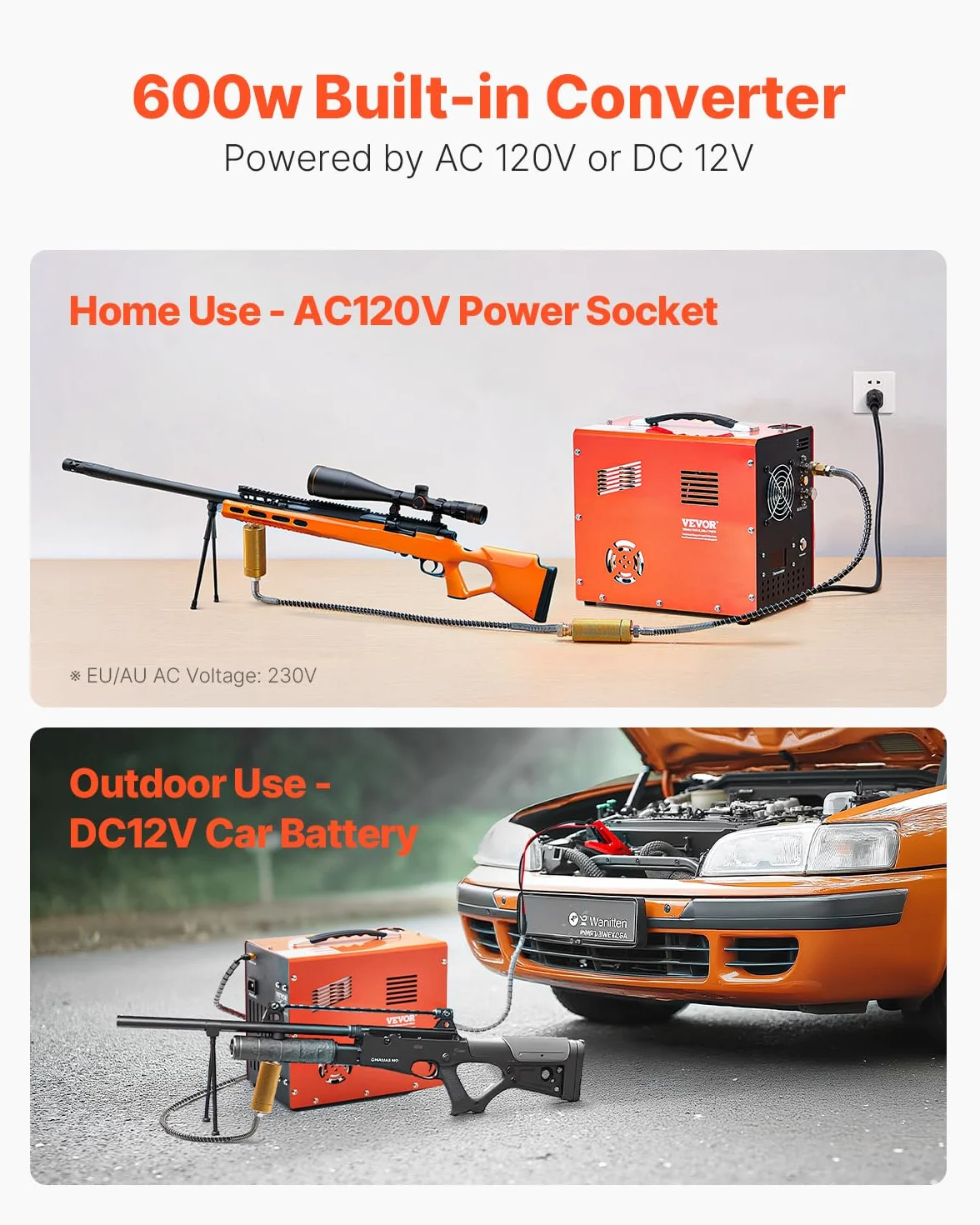 VEVOR PCP-Luftkompressor, 4500 PSI PCP-Luftgewehrkompressor mit eingebautem Konverter & Lüfterkühlsystem, DC12 V/AC230 V Kompressorpumpe mit manuellem Stopp für Luftgewehr, Paintball & Tauchflaschen