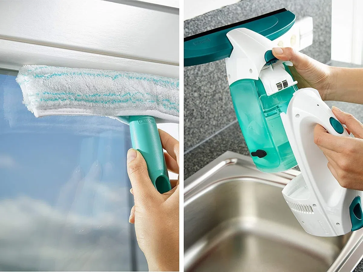 Leifheit Fenstersauger Set Dry & Clean mit Stiel & Einwascher und zweiter Düse für 360° streifenfreie Reinigung, verwendbar bis zu 38 min, Fensterreiniger mit Stand-by-Automatik und Click-System