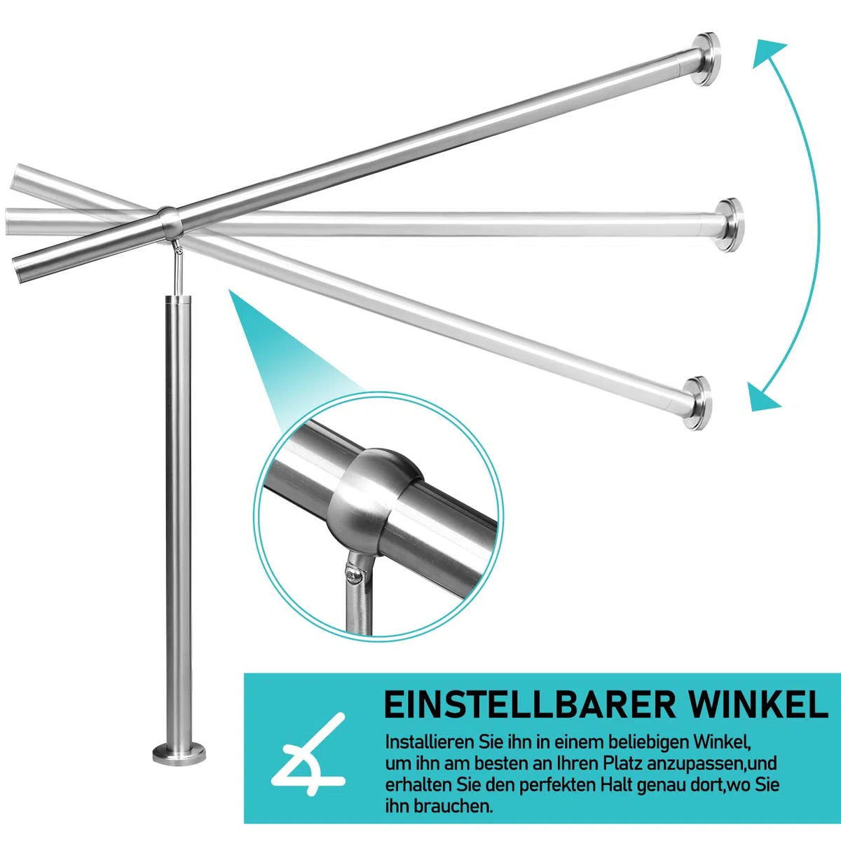 Randaco Eingangsgeländer Edelstahl Handlauf Treppengeländer Geländer Seitliche Montage Winkel Einstellbar Wandhandlauf, inkl.Montagematerial, Pflegeleicht Innen Außen Handlauf, 120cm