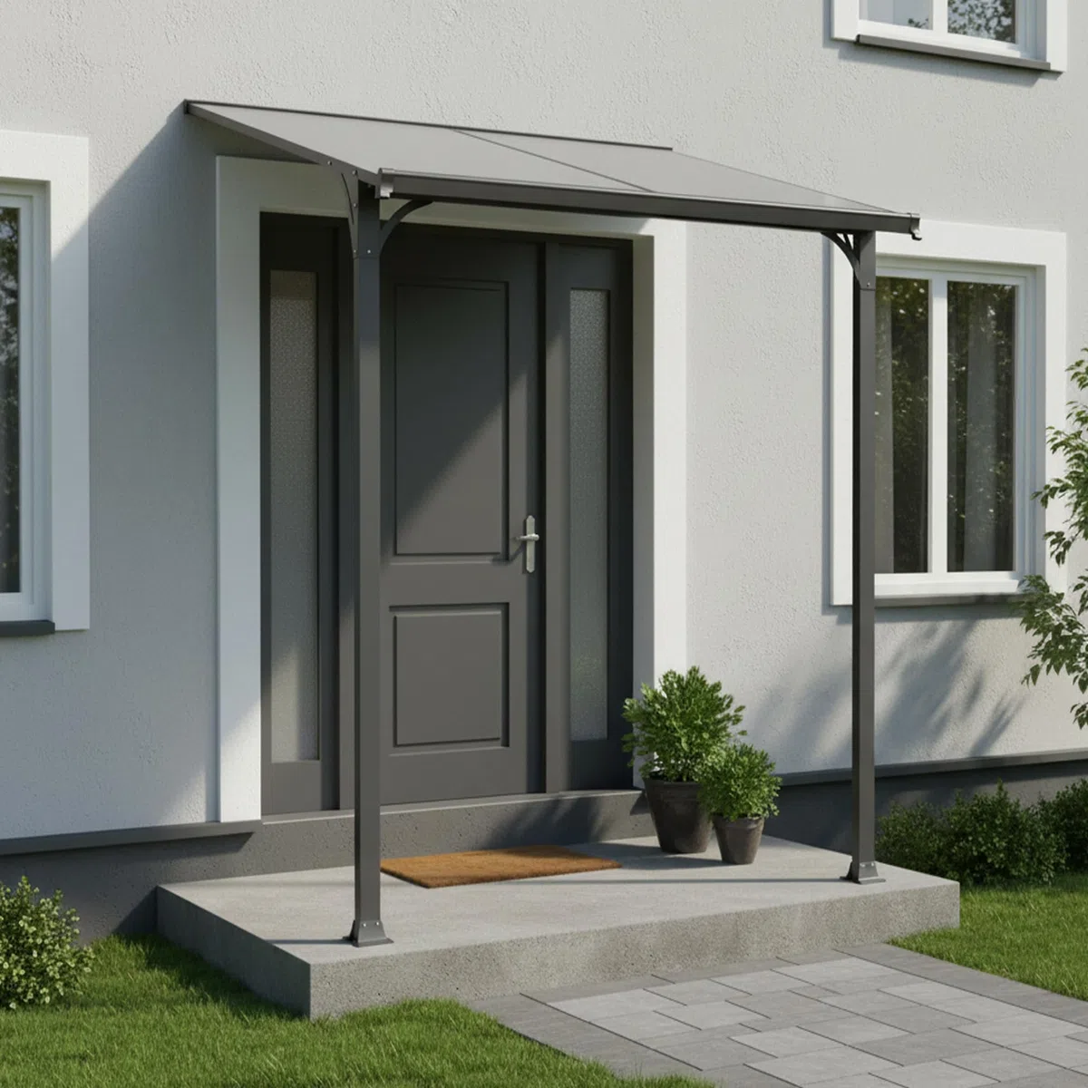 Haustürvordach Aluminium pulverbeschichtet transparentes Dach | Vordach Polycarbonat Überdachung Wasserführung 238 x 150 x 148/150 x 250/261 cm (H x B x T x H-hinten) anthrazit