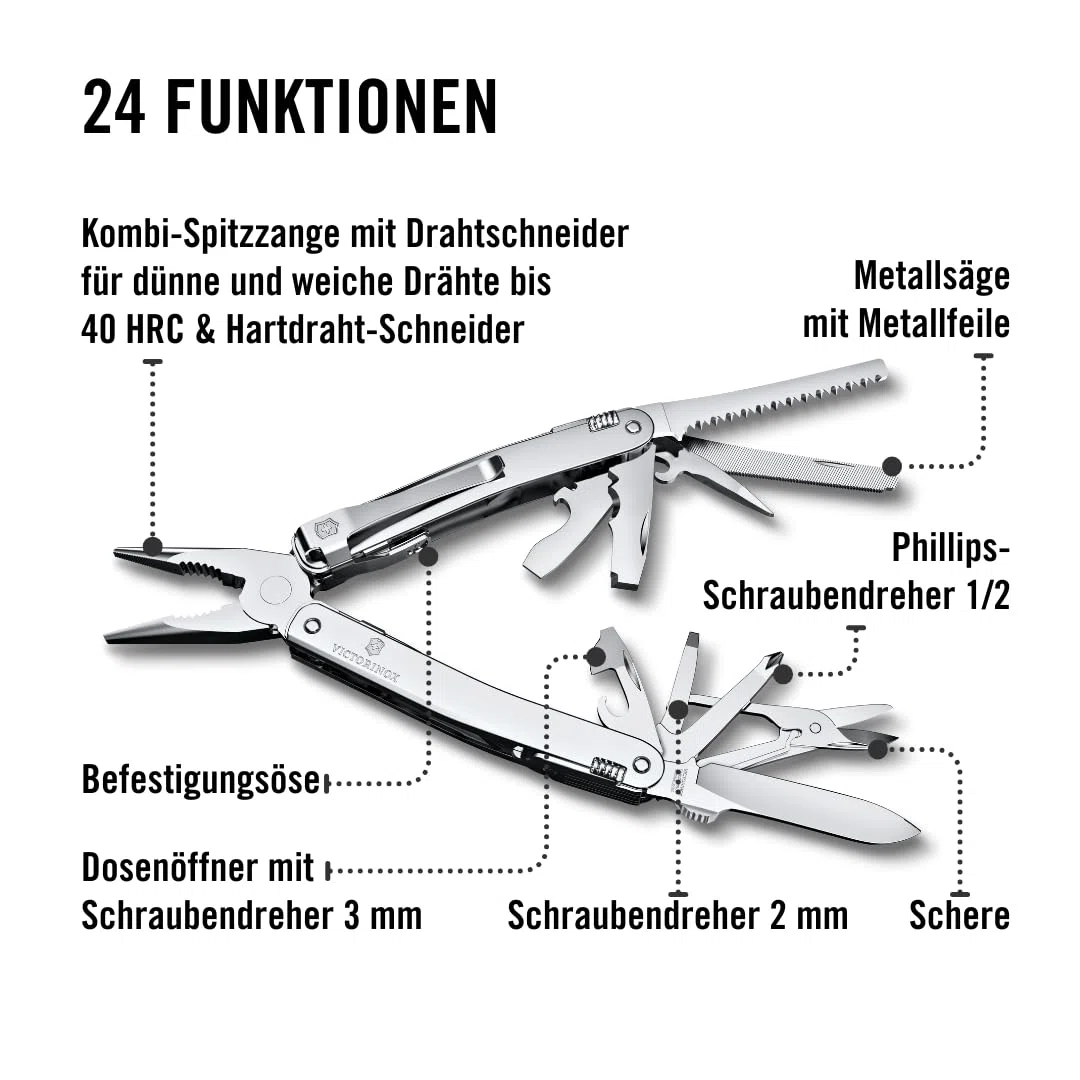 Victorinox Schweizer Taschenmesser Swiss Tool Spirit MX Clip, 24 Funktionen, Multitool Inkl. Zange, Schraubendreher, Dosenöffner, Silber