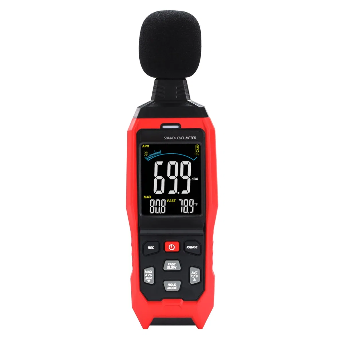 Decibel Datenmessgerät, großer LCD-Schallpegelmesser, A/C/Z Rauschmesser, Hochpräzises Tonmessgerät mit akustischem visuellen Alarm, schnelle / langsame Temperatur-Datenaufnahme