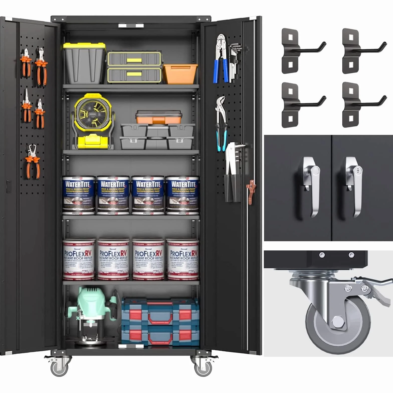 SUPEER Metallschrank mit Pegboard und Abschließbare Räder, 4 höhenverstellbaren Fachböden,Stahlblech Pulverbeschichtung,Stahlschrank Abschließbar für Werkzeuge,Garage183 x 80 x 40 cm（schwarz）