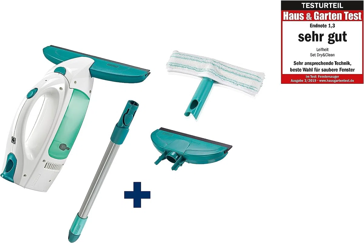 Leifheit Fenstersauger Set Dry & Clean mit Stiel & Einwascher und zweiter Düse für 360° streifenfreie Reinigung, verwendbar bis zu 38 min, Fensterreiniger mit Stand-by-Automatik und Click-System