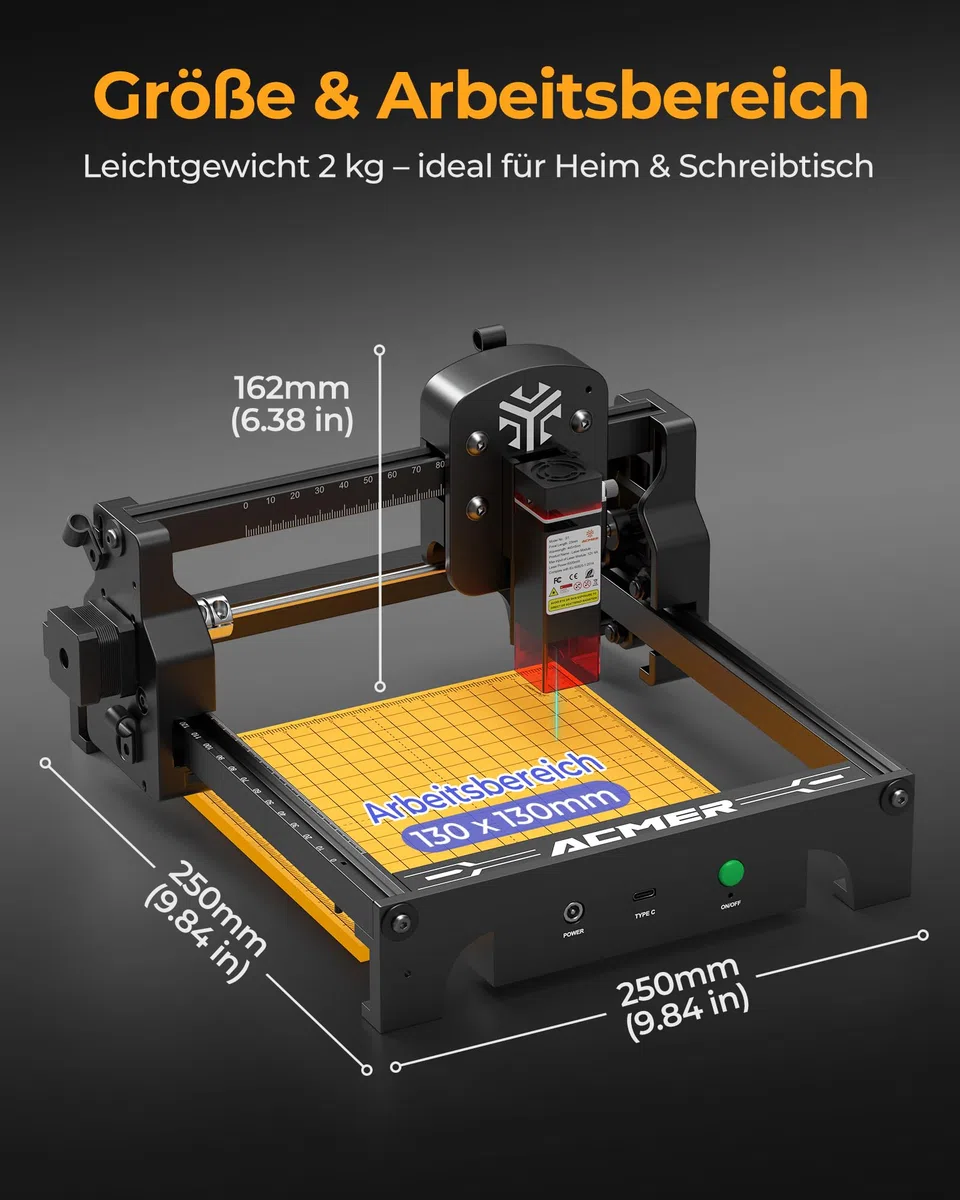 Acmer T1 6w Laser Graviermaschine, Tragbarer Mini Laser Cutter, 0.01mm HochpräZiser Lasergravierer, Arbeitsbereich 130 X 130 mm, Graviermaschine für Holz, Leder, Glas, Metall Sowie Diy-Geschenken
