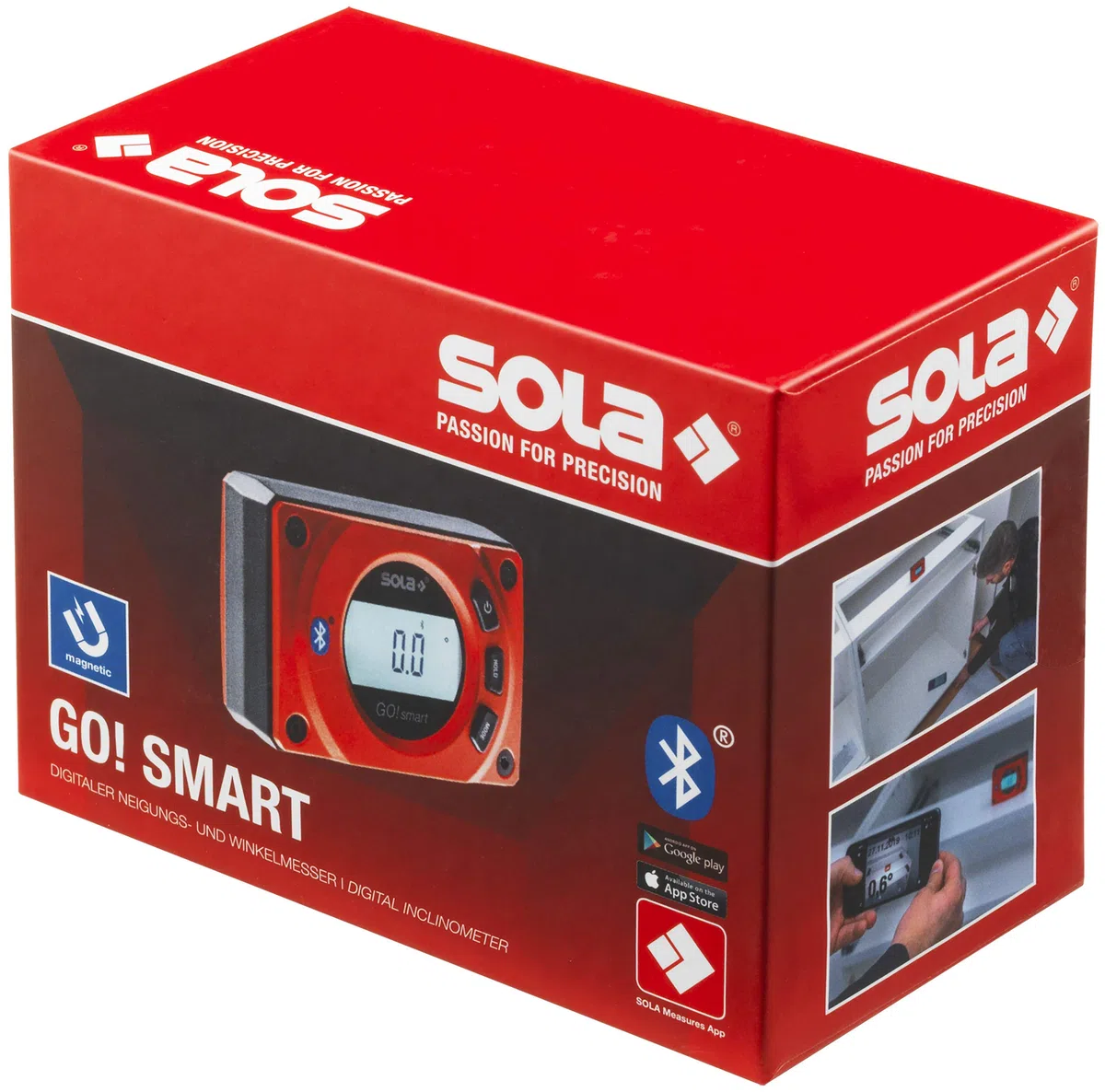 SOLA - GO! smart - Winkelmesser digital mit Bluetooth - digitale Wasserwaage mit LCD - Fernsteuerung über Smartphone und App - Neigungsmesser magnetisch mit V-Nut - bevel box magnetic - IP54