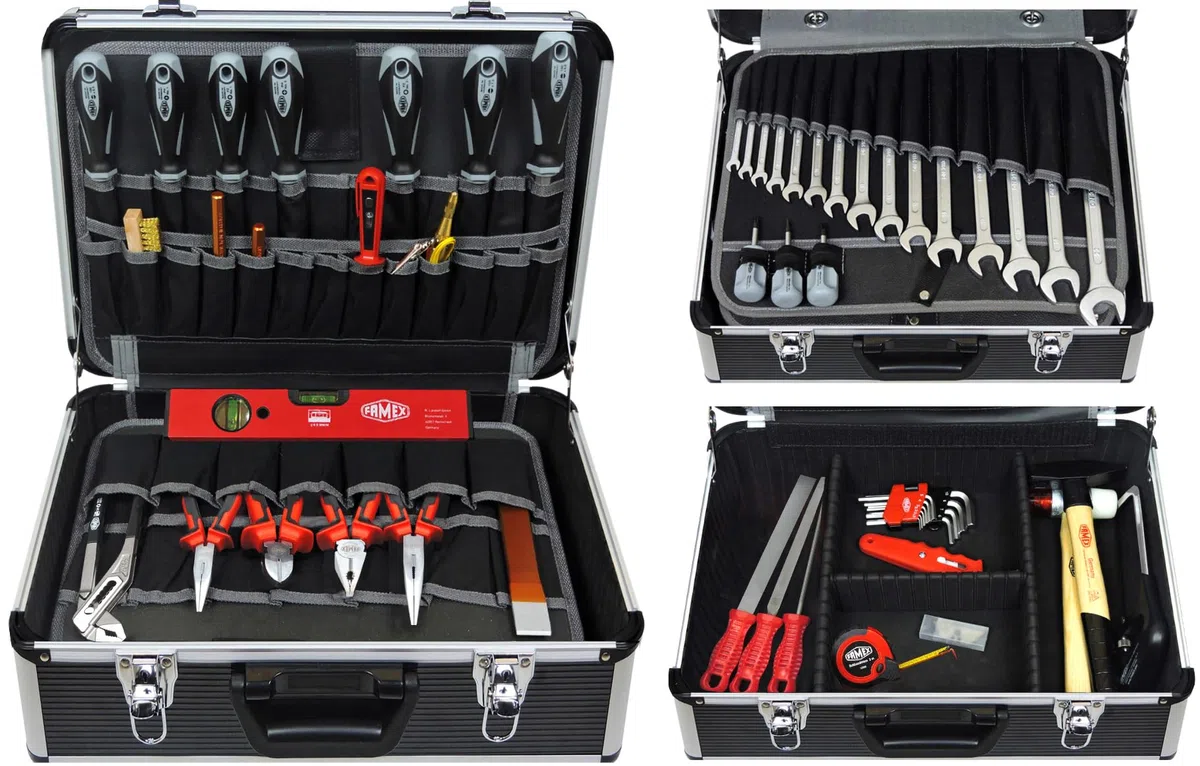 FAMEX 440-93 Profi Werkzeugkoffer gefüllt mit Werkzeug Set, viele Werkzeuge Made in Germany - ERWEITERBAR - Werkzeugkasten, Werkzeugkiste, groß, robust, abschließbar, Kapazität 24kg