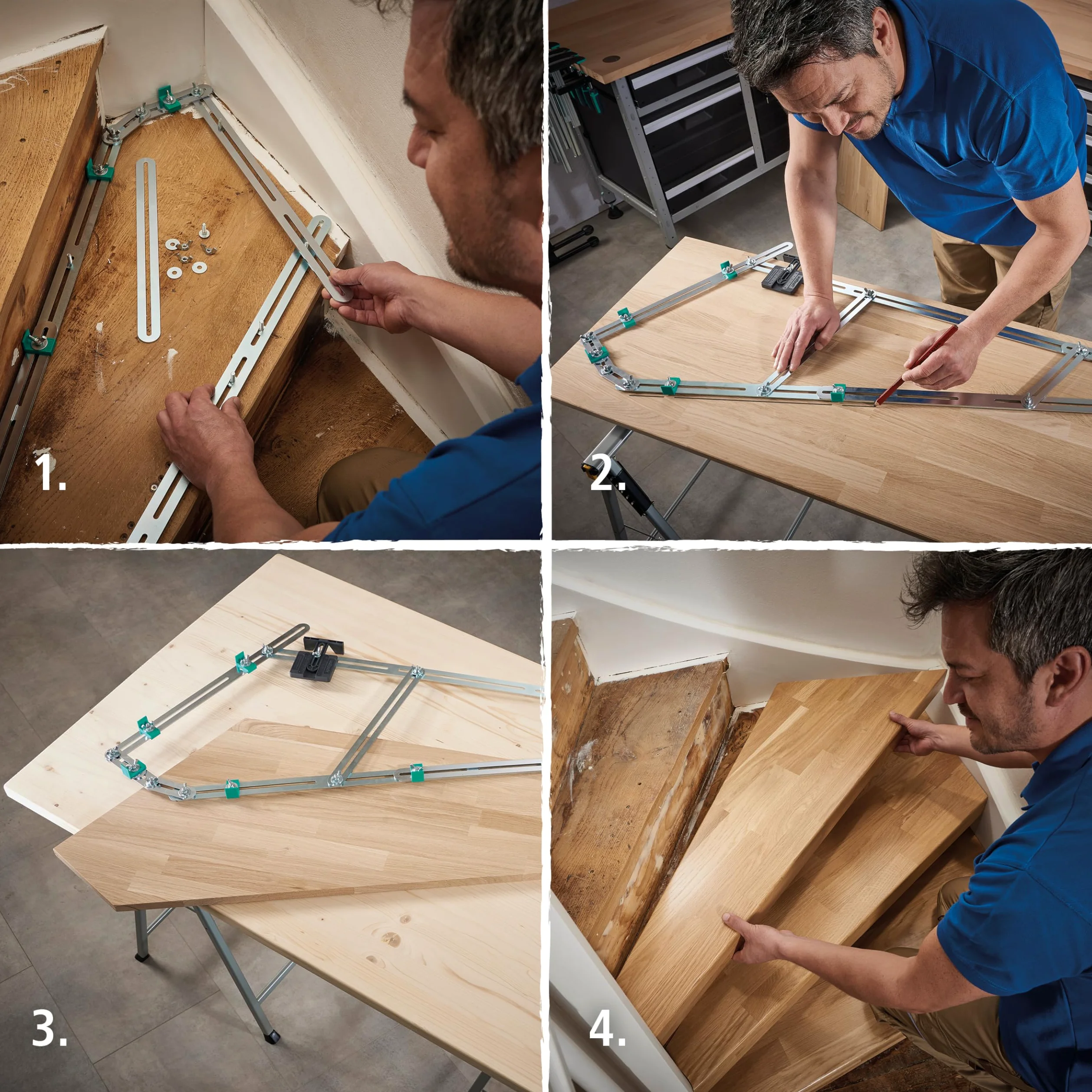 wolfcraft Treppenlehre – Winkelmesser & Schablone für Treppenbau | Treppenspinne & Winkelschmiege kombiniert – für Wendeltreppen, Dehnungsfugen & Materialzugaben – Metall, Made in EU - 5210000