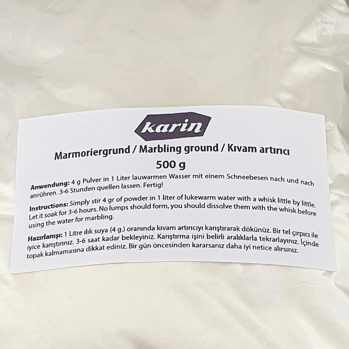 Karin Verdickungsmittel – Natürliches Tragantpulver für Ebru – 500 g Wasserverdicker für Marmorierkunst – Geeignet für Anfänger & Profis – Ideal für klare Muster auf der Wasseroberfläche