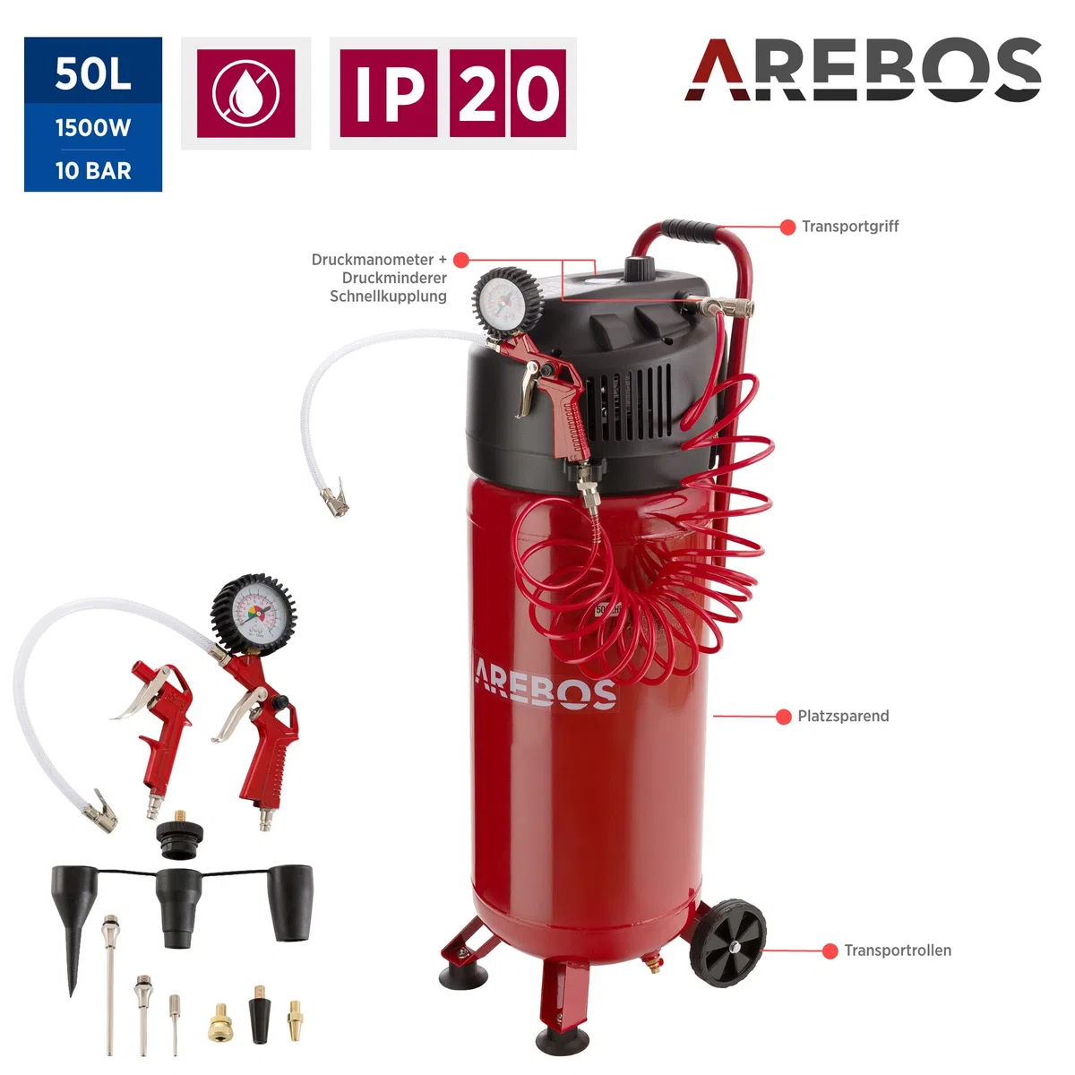 Arebos 50L Druckluftkompressor 1500W | 10 bar Kompressor stehend | 240 L/min Ansaugleistung | Ölfrei & leistungsstark | inkl. 5,3 m Spiralschlauch & 13-tlg. Zubehör | Wartungsarm | Abschaltautomatik