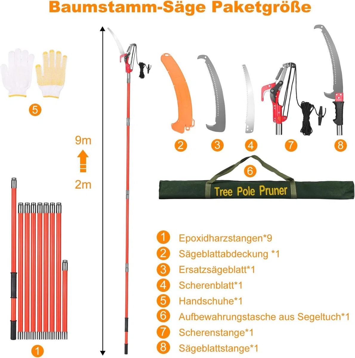 2-in-1 Teleskop-Astschneider & Astsäge 9 m, Profi Gartenschere mit 65Mn Stahlklinge, ausziehbarer Hochentaster für Obstbäume, Palmen & Gartenarbeiten, inkl. Zubehör & Tasche