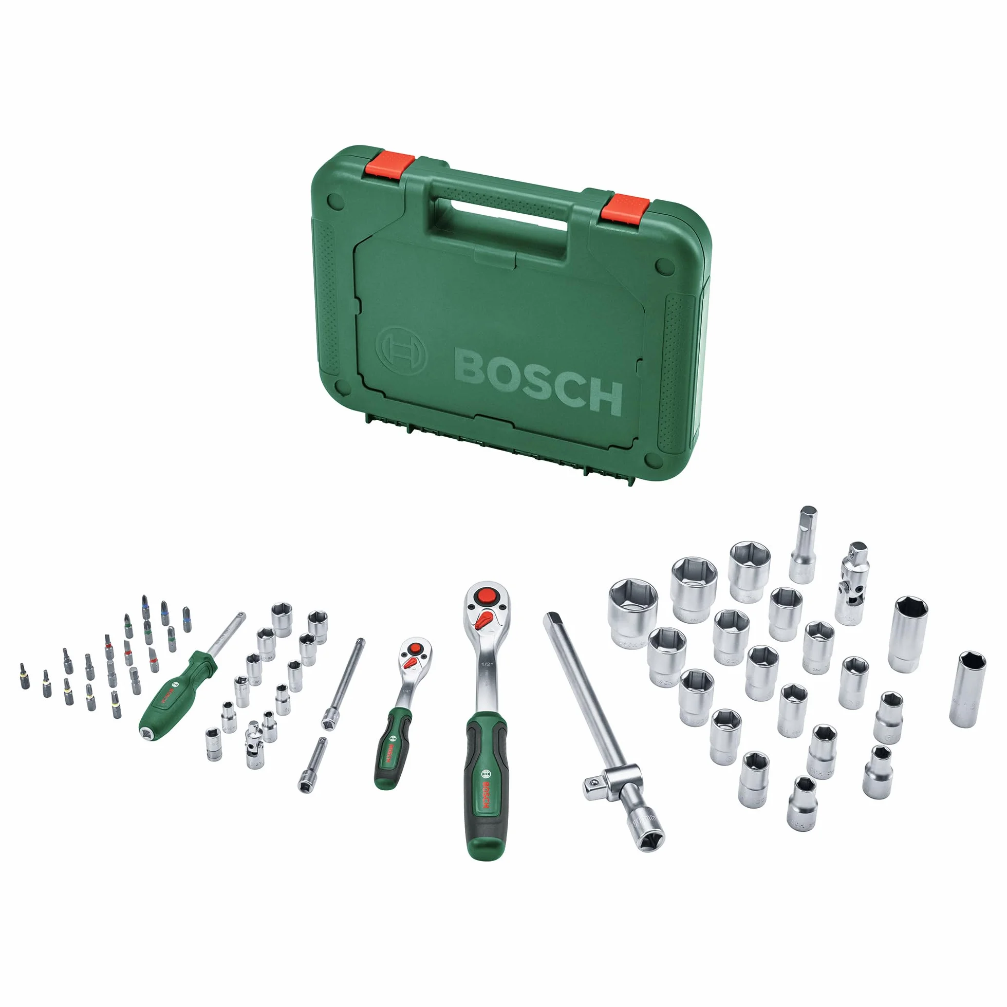 Bosch Ratschen Set 1/4" + 1/2", 57-teilig (Zwei robuste Ratschen; 55 Zubehöre; Hohes Drehmoment; Verriegelungsknopf; Intuitiver Richtungswechsel; Gebogener Hals; Ergonomischer Softgrip; Tragekoffer)