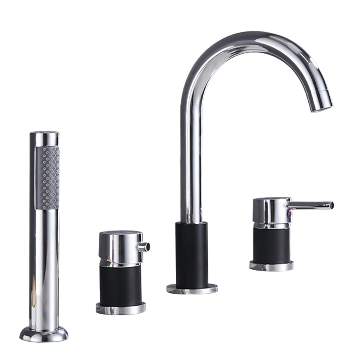 Mischbatterie für Badewanne und Dusche, 4 Wasserhahnlöcher, für heiße und kalte Wasserhähne, ausziehbar, für Badezimmer, modernes Design, Schwarz und Chrom
