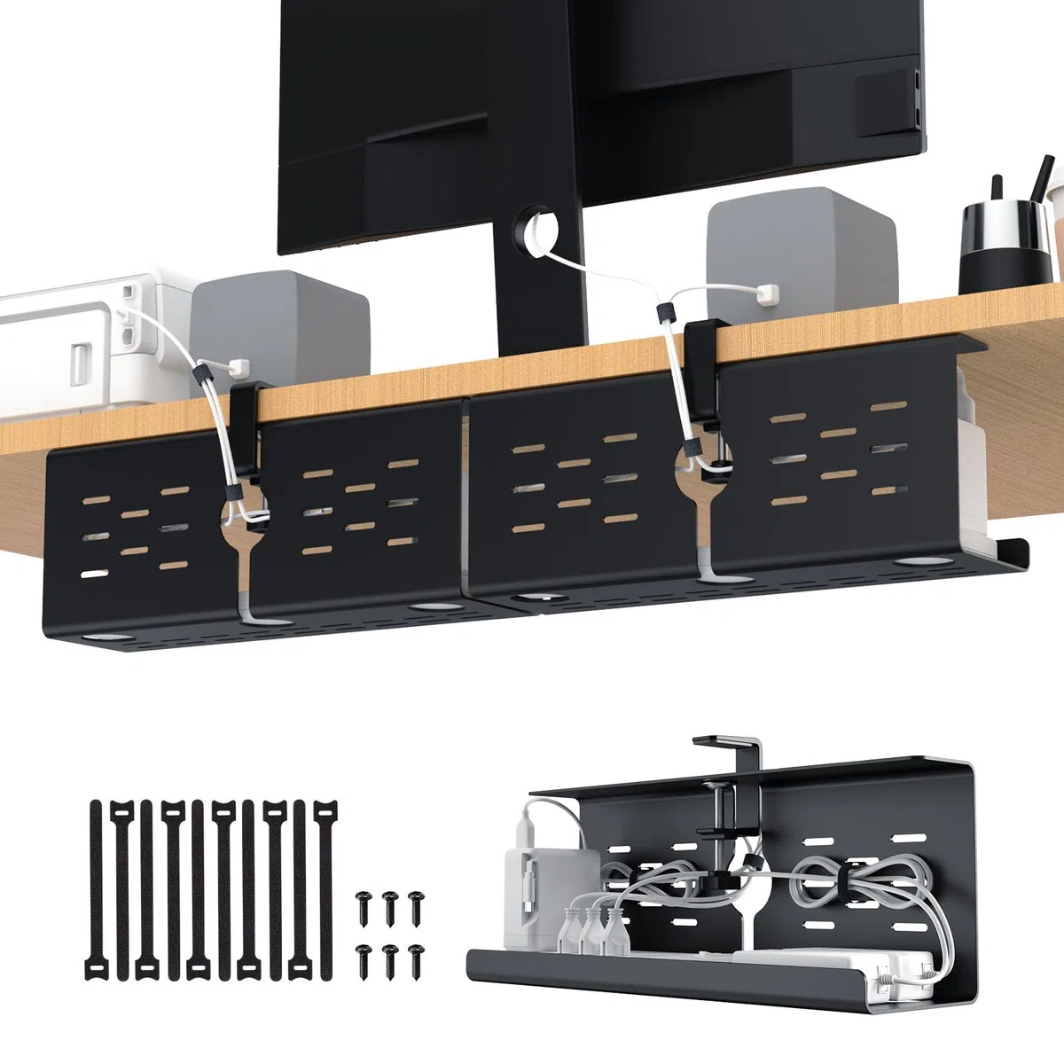 KEEGH Kabelkanal Schreibtisch 2er Set, Kabelmanagement Schreibtisch Ohne Bohren für Kabelversteck, Kabelwanne Ideale Klemmen/Schraubmontage, Kable Organizer für Büro, Zuhause, Gaming-Setup, Schwarz