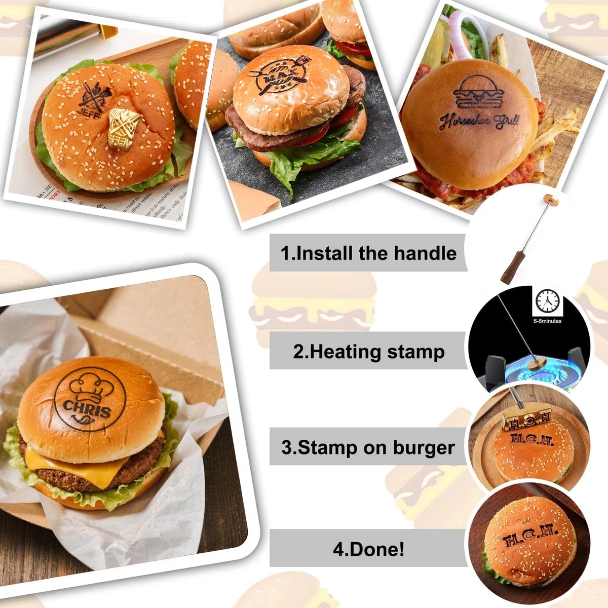 Personalisiertes Brandeisen für Burger, individuelles Logo für Holz, Leder, Grill, Kokosnuss, Steak (5.1cm)