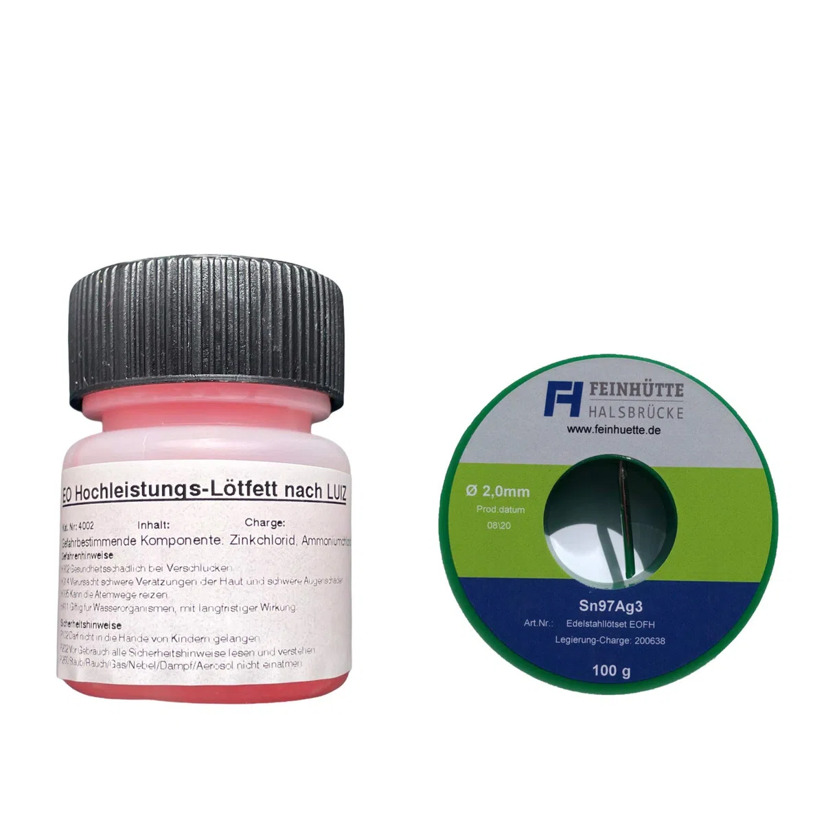EO-FH Edelstahl Lötset Nr. 10 -EO Hochleistungs-Lötfett nach LUIZ, 30 g in Pinselflasche mit Kindersicherung, für alle gängigen Metalloberflächen incl. Edelstahl + 100 g Lötzinn Legierung Sn97Ag3