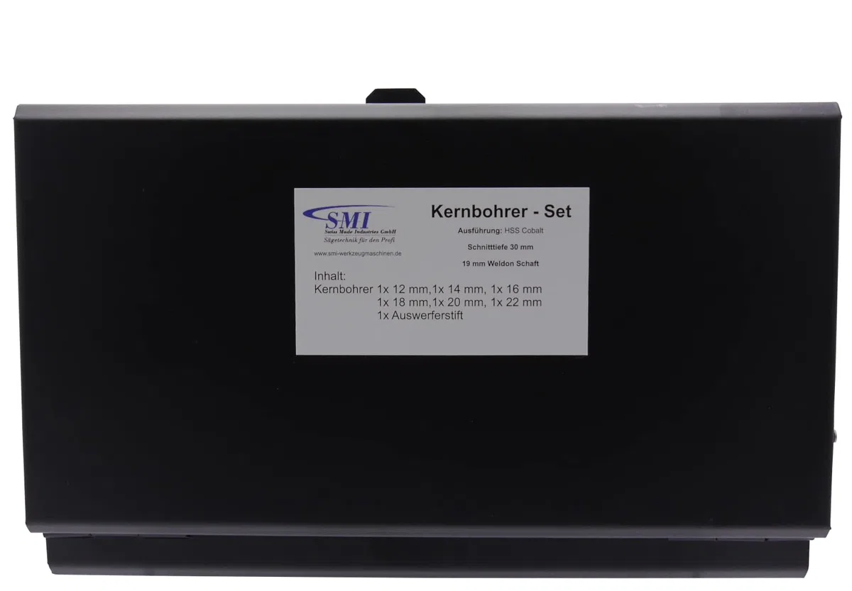SMI HSS-E Kernbohrer SET 7 teilig 19 Weldon bestehend aus Kernbohrer 12, 14, 16, 18, 20, 22 und Zentrierbohrer Schnittiefe 30 mm